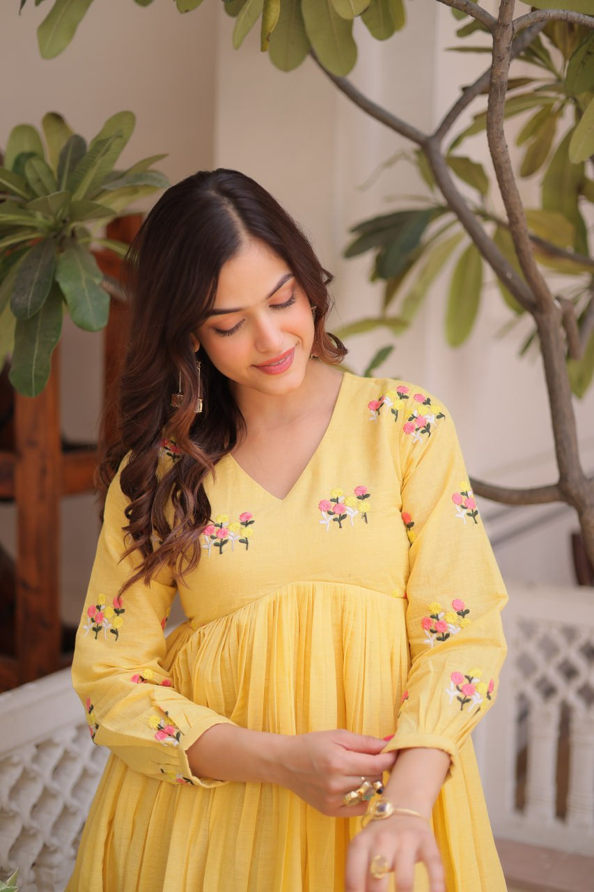 Womenline Yellow Color Embroidered Flared Kurta Set