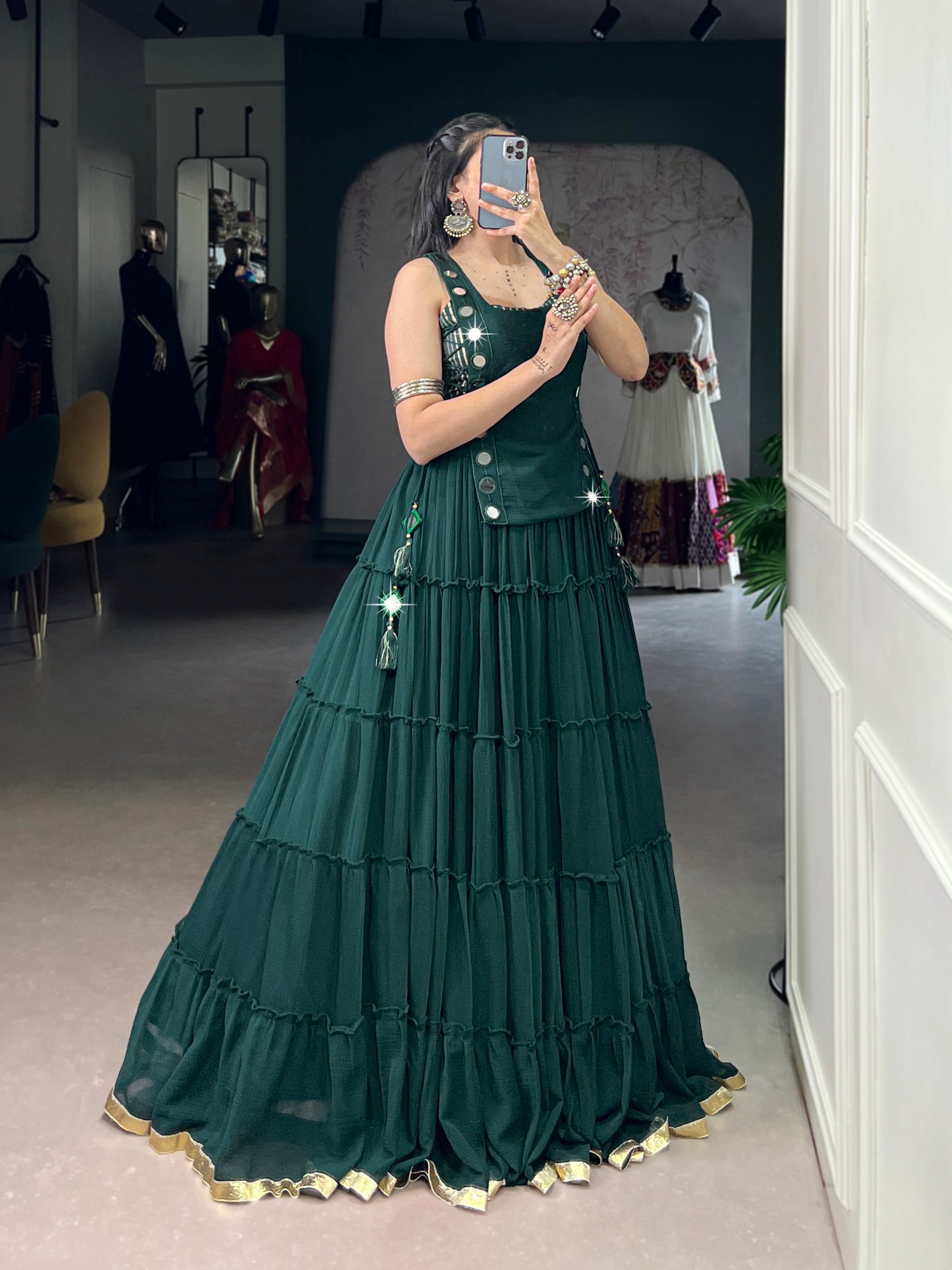 Womenline Emerald Green Tiered Designer Lehenga Set