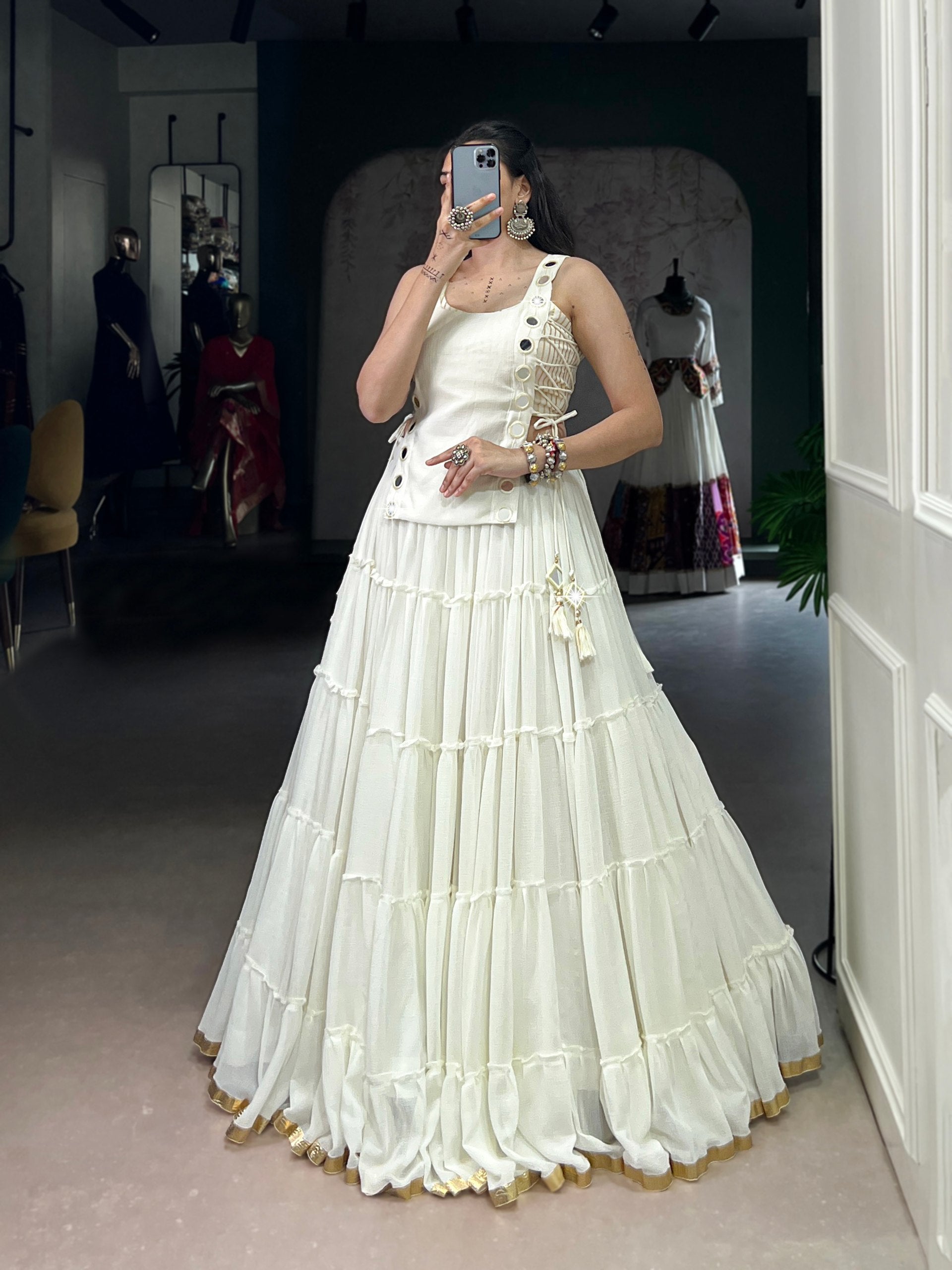 Womenline Ivory White Tiered Designer Lehenga Set