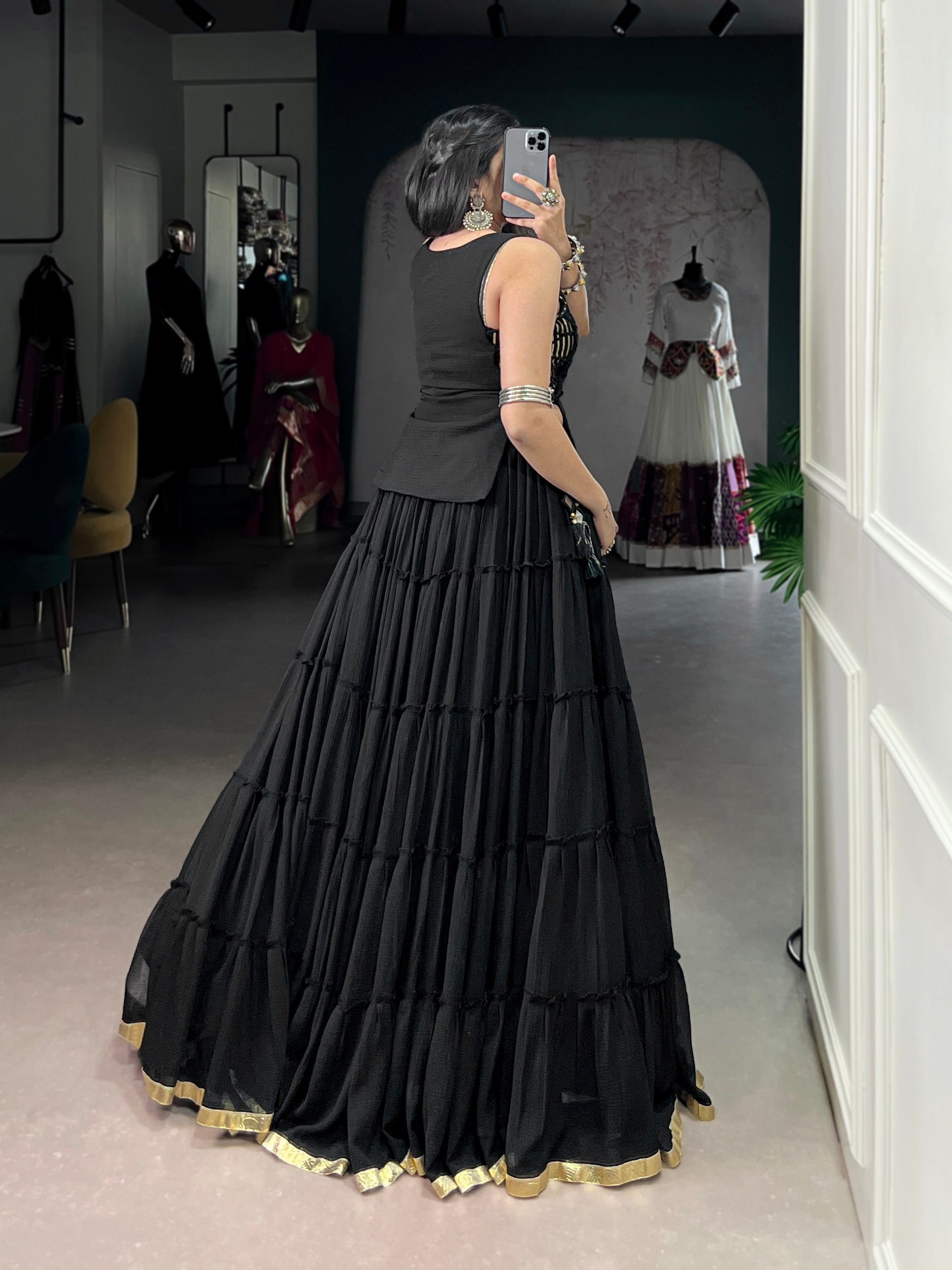 Womenline Midnight Black Tiered Designer Lehenga Set