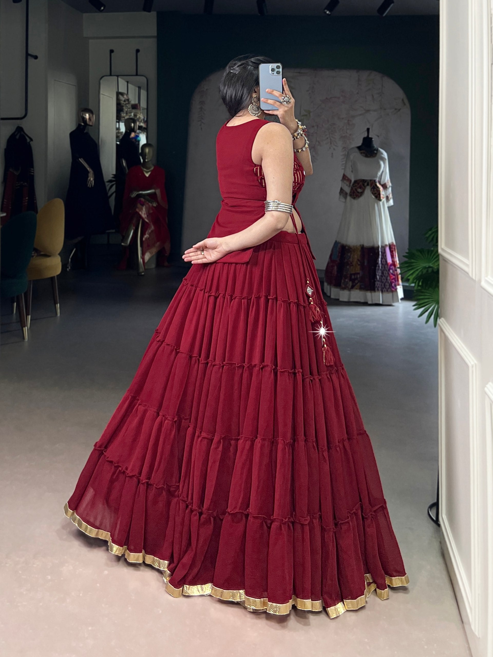 Womenline Wine Red Tiered Designer Lehenga Set