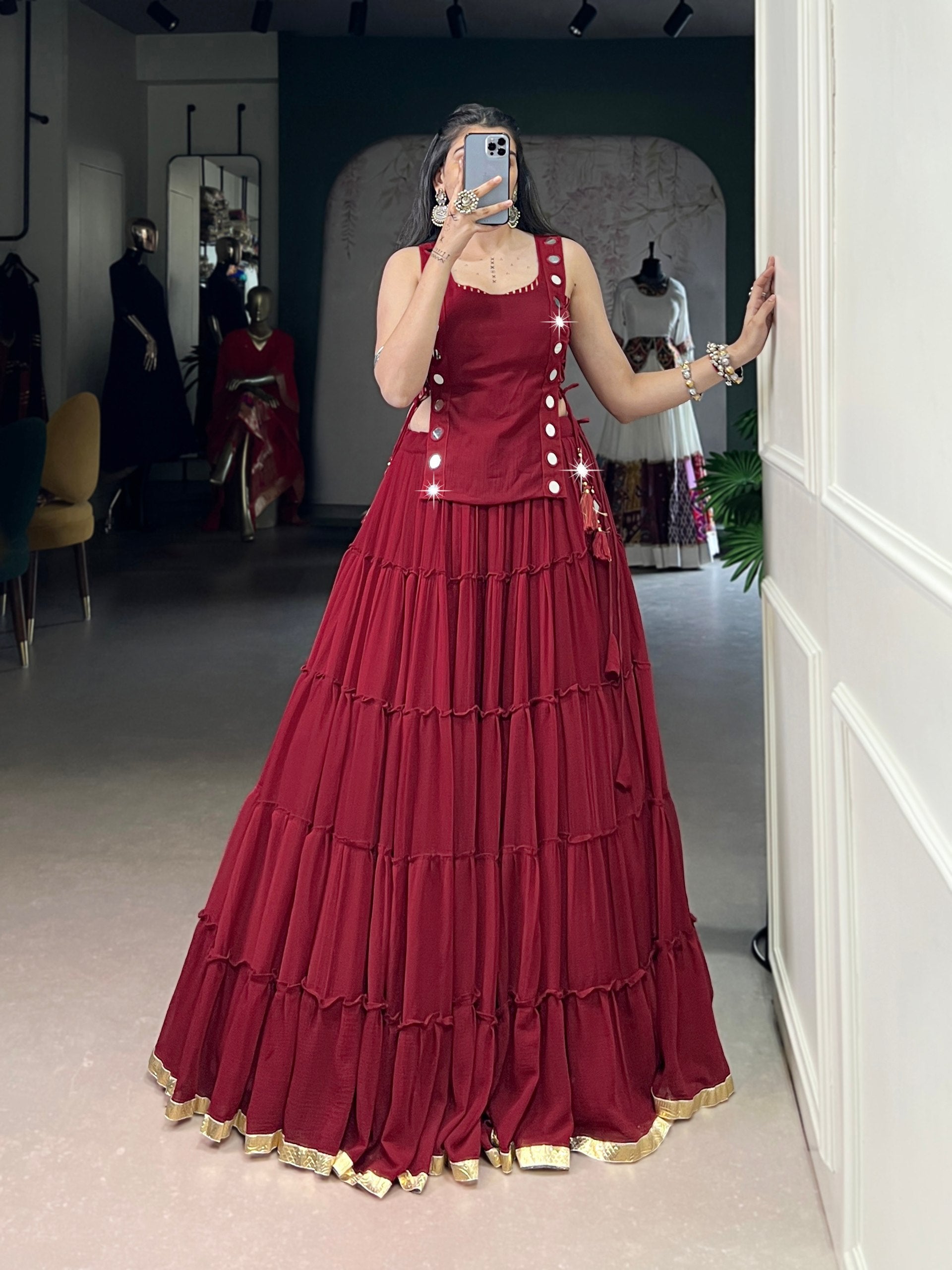 Womenline Wine Red Tiered Designer Lehenga Set
