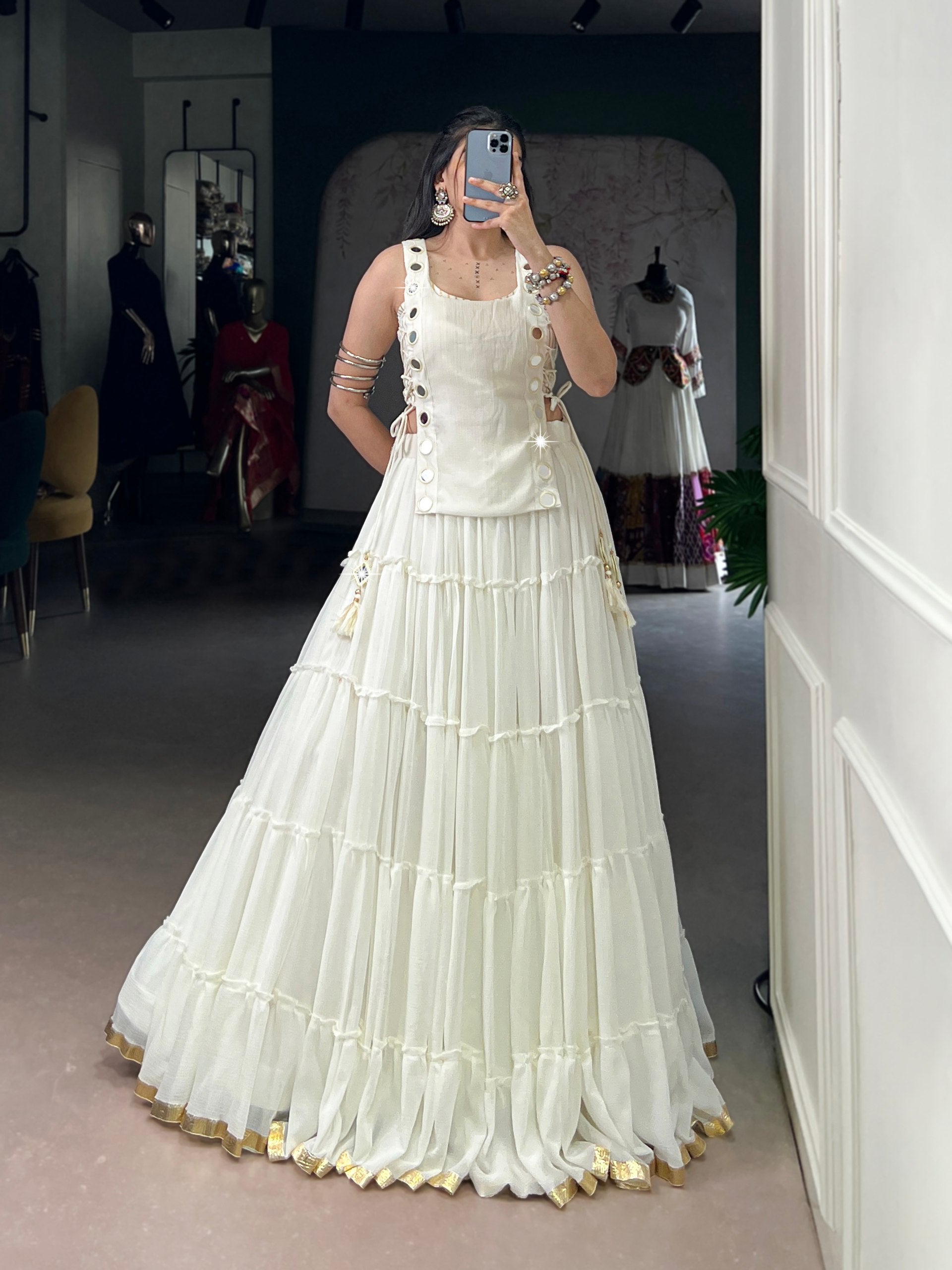 Womenline Ivory White Tiered Designer Lehenga Set
