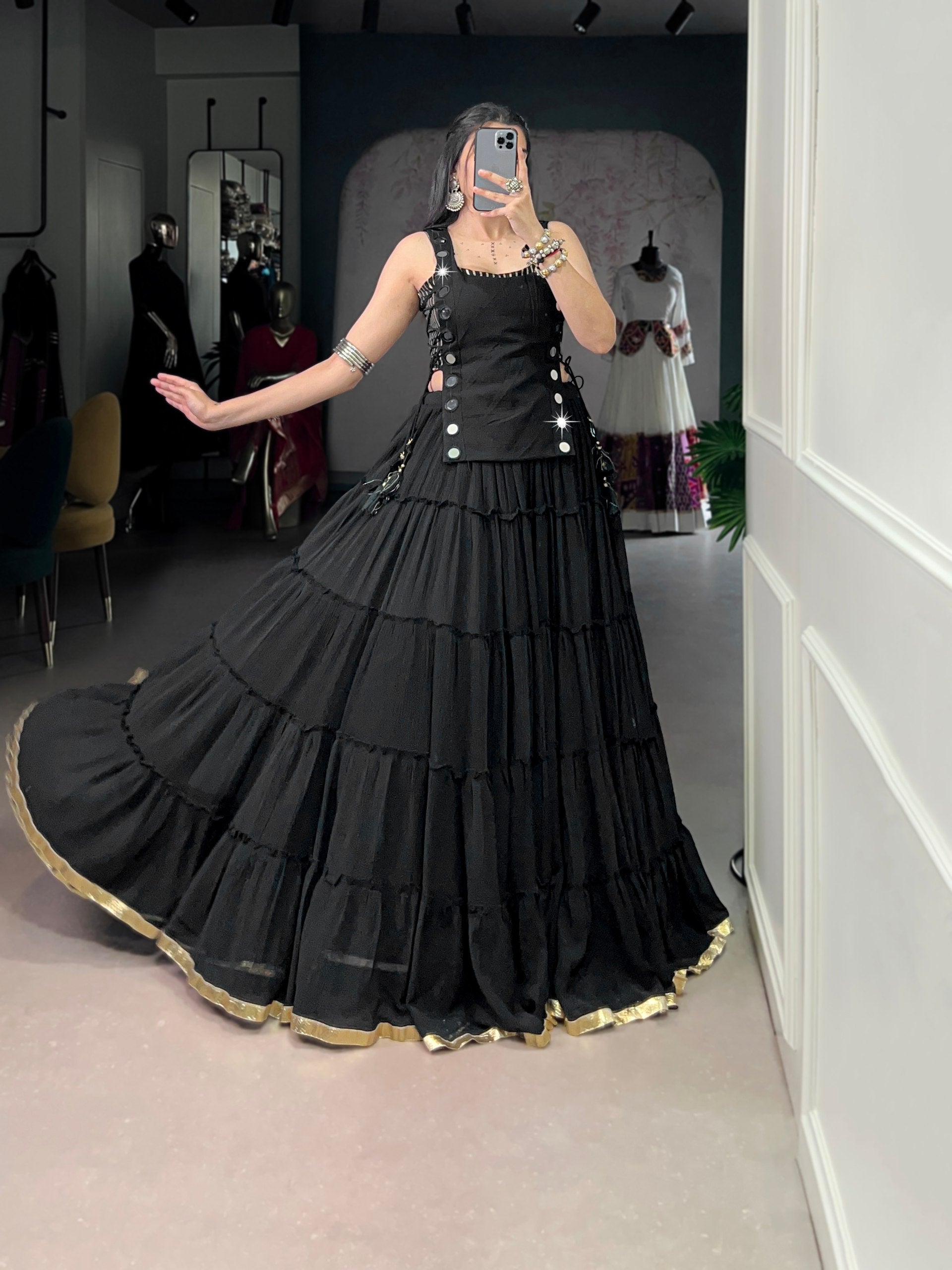 Womenline Midnight Black Tiered Designer Lehenga Set