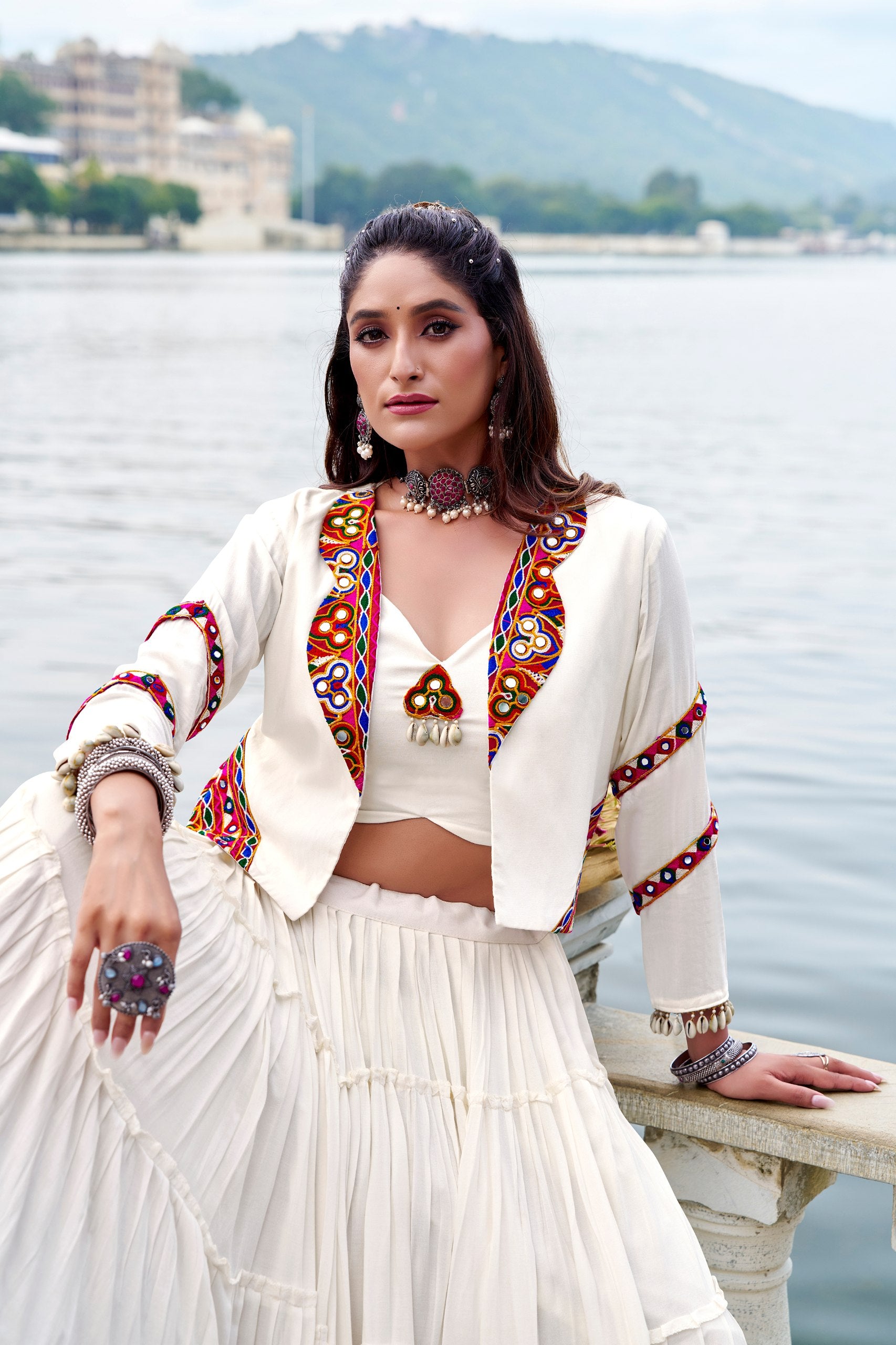 Womenline Ivory White Heritage Fusion Lehenga Set