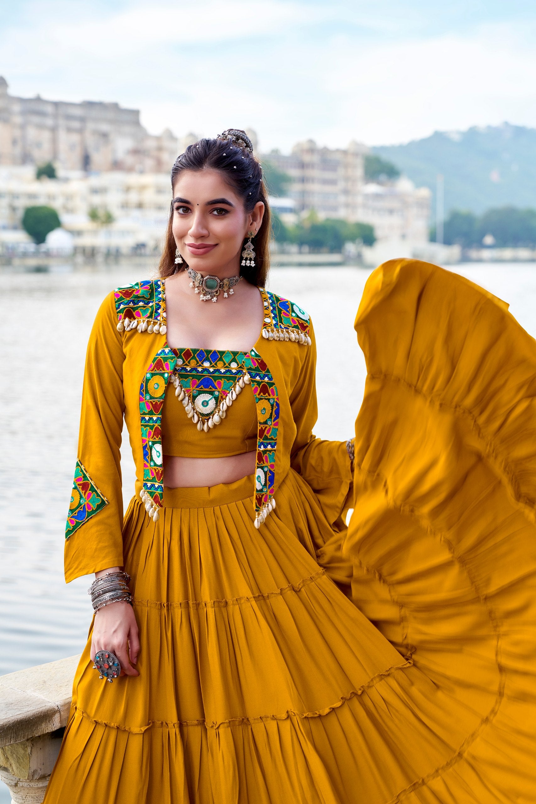 Womenline Mustard Yellow Heritage Jacket Lehenga Set