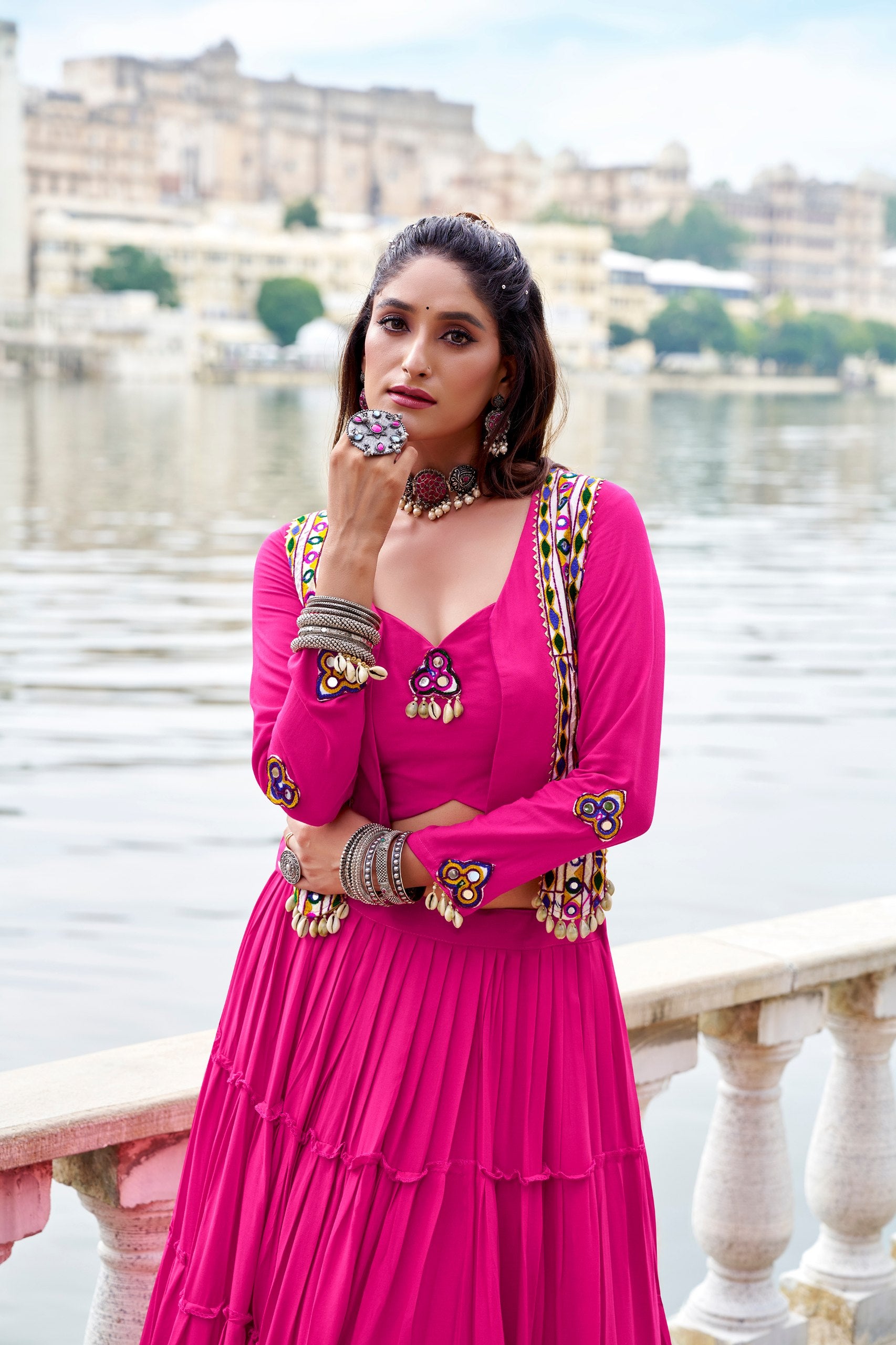 Womenline Hot Pink Heritage Jacket Style Lehenga Set