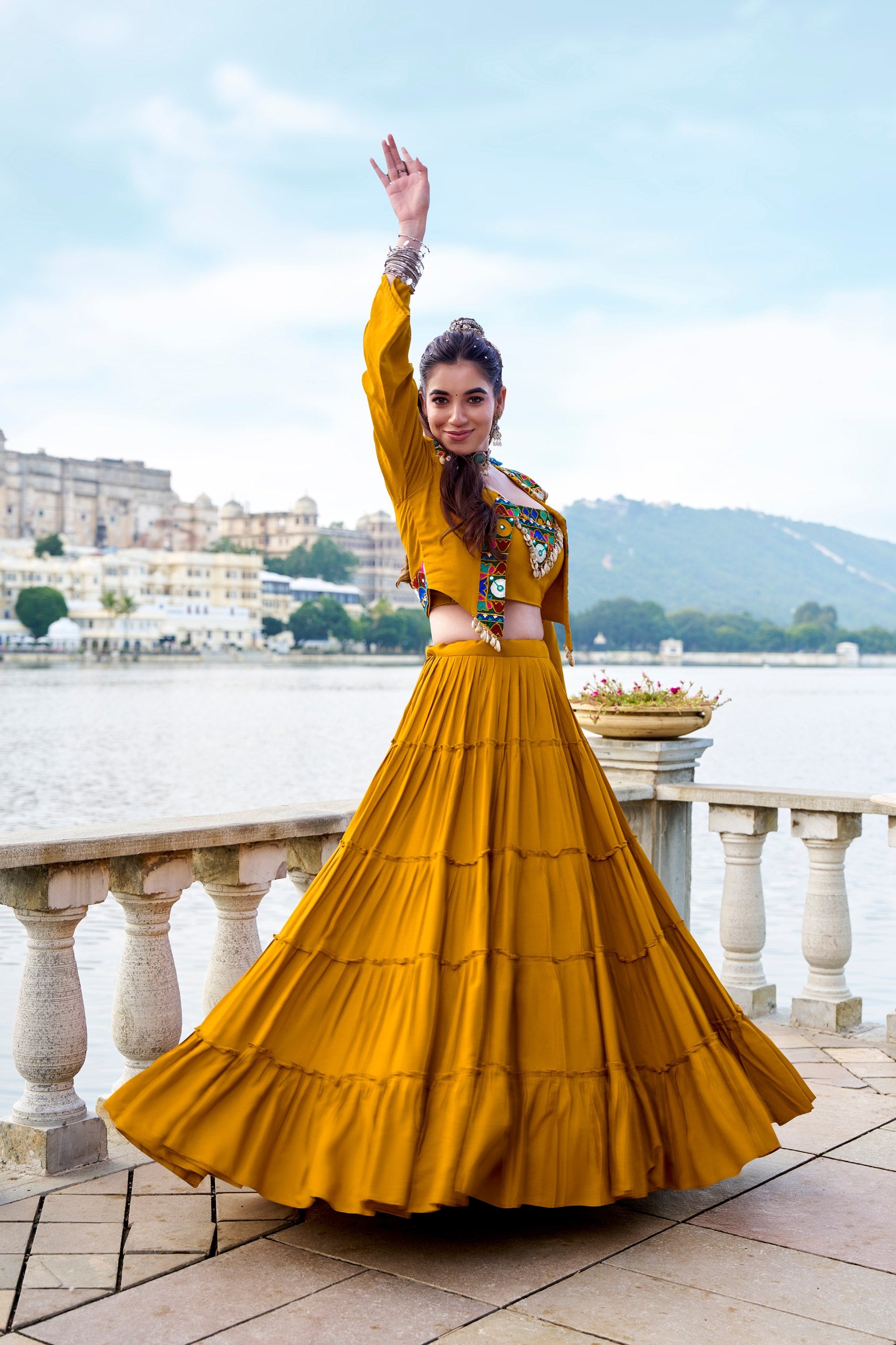 Womenline Mustard Yellow Heritage Jacket Lehenga Set
