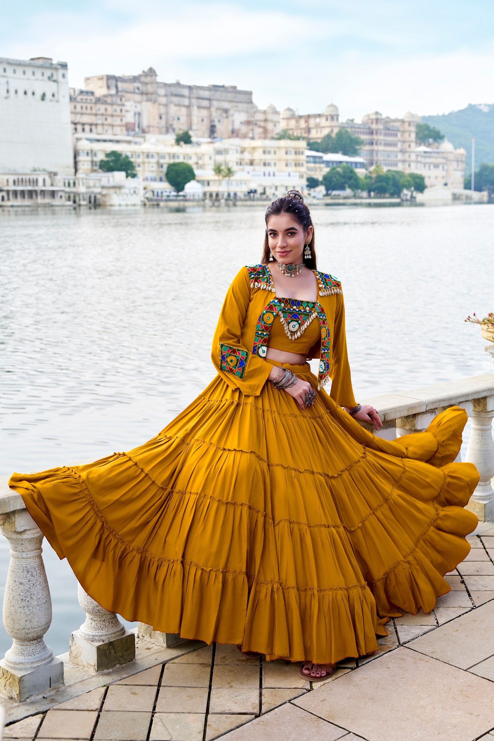 Womenline Mustard Yellow Heritage Jacket Lehenga Set