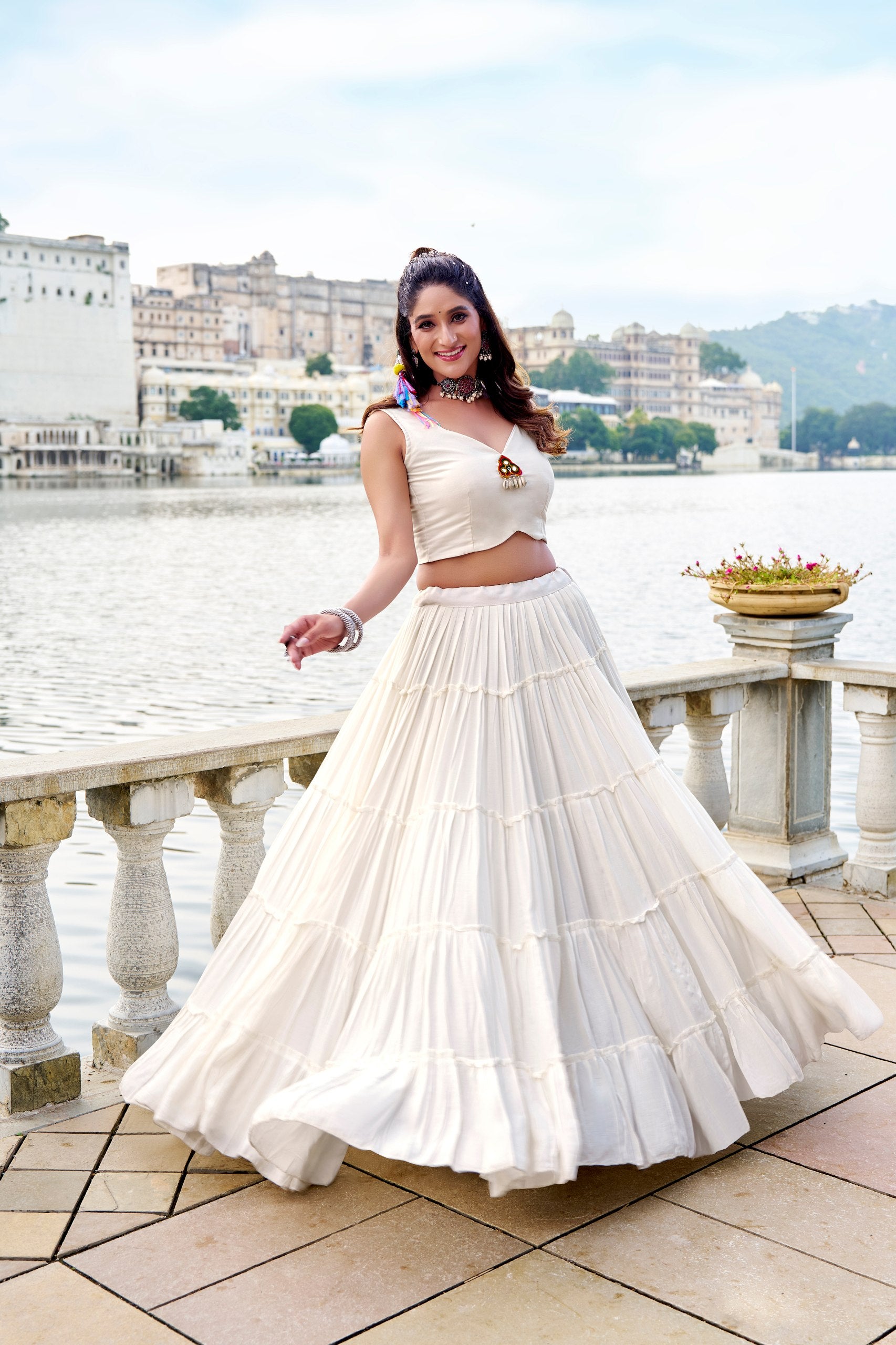 Womenline Ivory White Heritage Fusion Lehenga Set