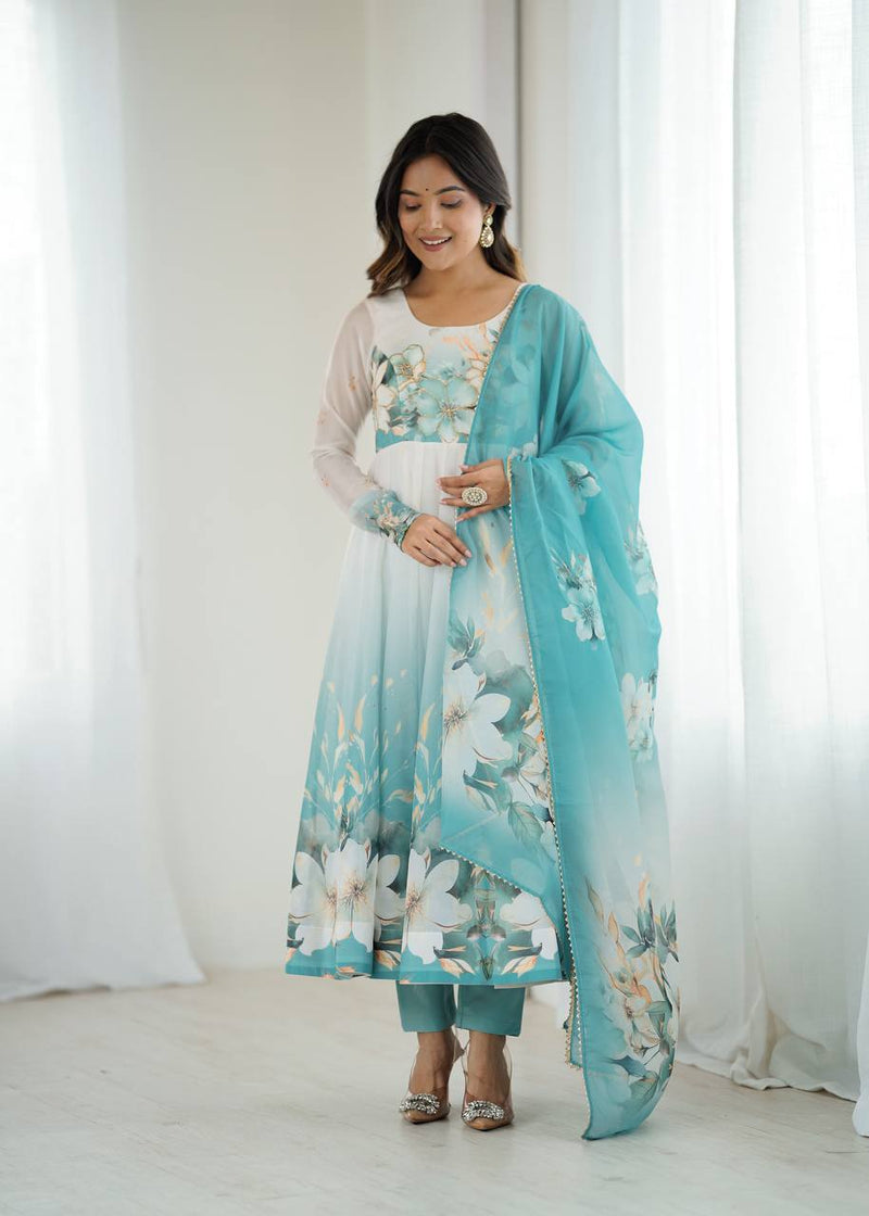 Womenline Aqua Blue Floral Print Organza Three Piece Anarkali Suit