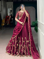 Womenline Deep Wine Embroidered Silk Lehenga with Scalloped Drape