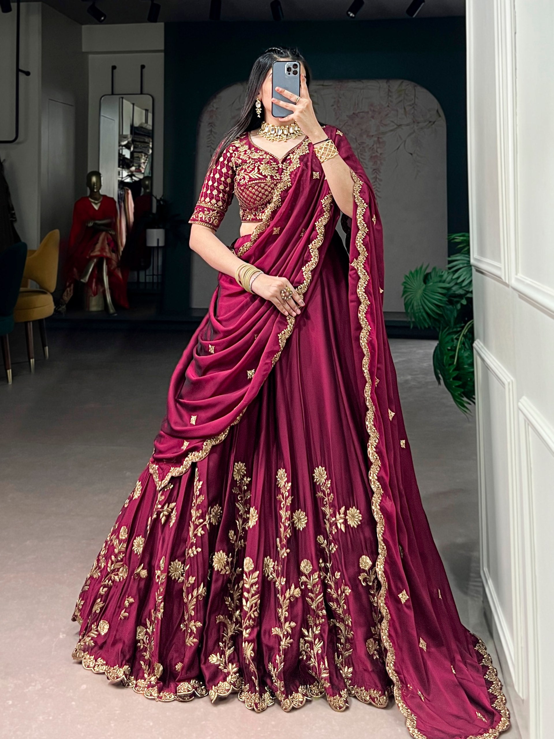 Womenline Deep Wine Embroidered Silk Lehenga with Scalloped Drape