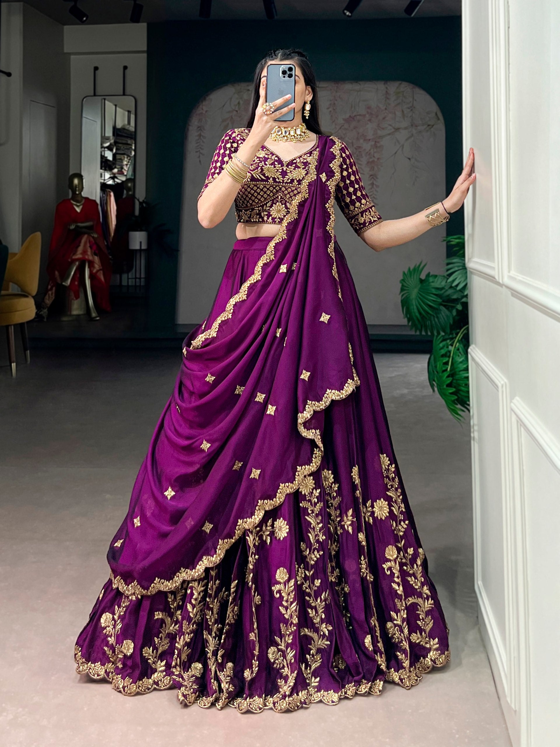 Womenline Deep Purple Pleated Silk Lehenga with Gold Floral Border and Scalloped Dupatta