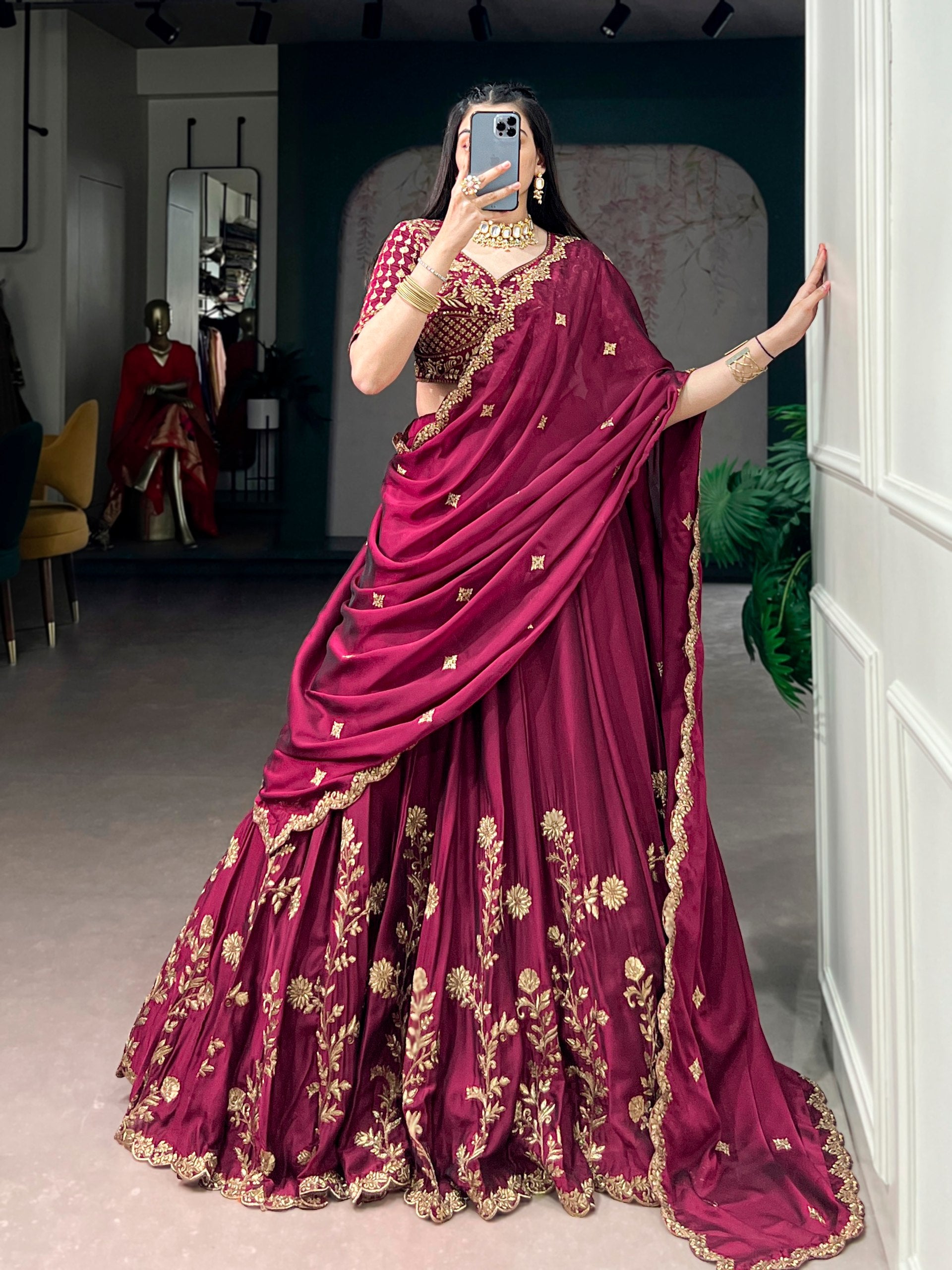 Womenline Deep Wine Embroidered Silk Lehenga with Scalloped Drape