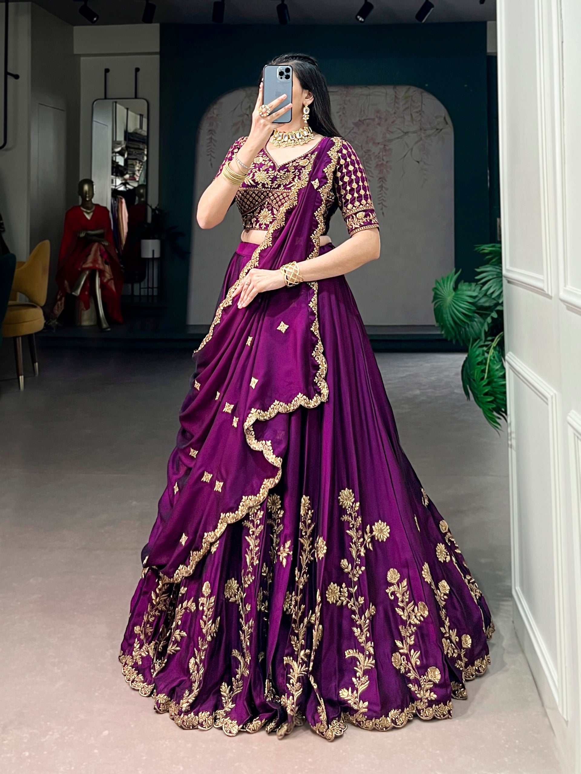 Womenline Deep Purple Pleated Silk Lehenga with Gold Floral Border and Scalloped Dupatta