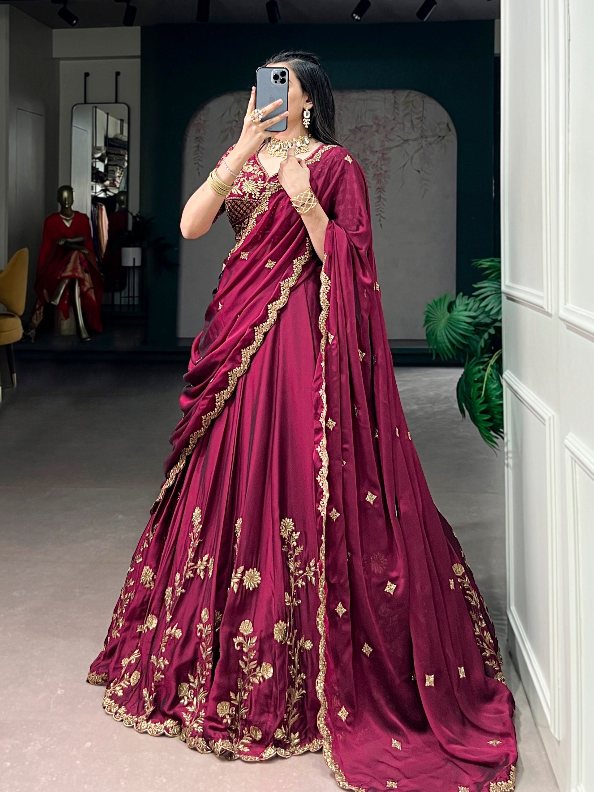 Womenline Deep Wine Embroidered Silk Lehenga with Scalloped Drape