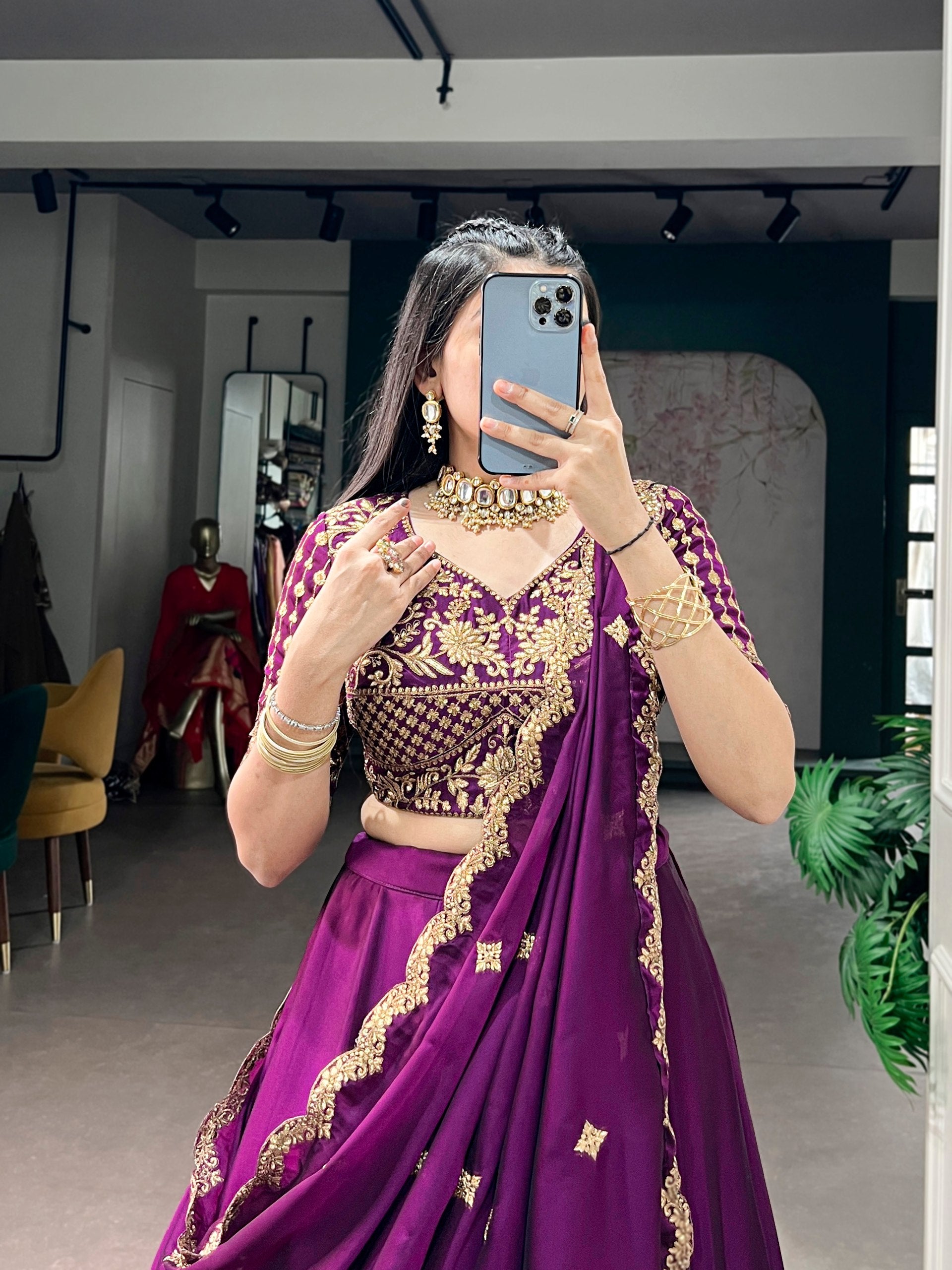 Womenline Deep Purple Pleated Silk Lehenga with Gold Floral Border and Scalloped Dupatta