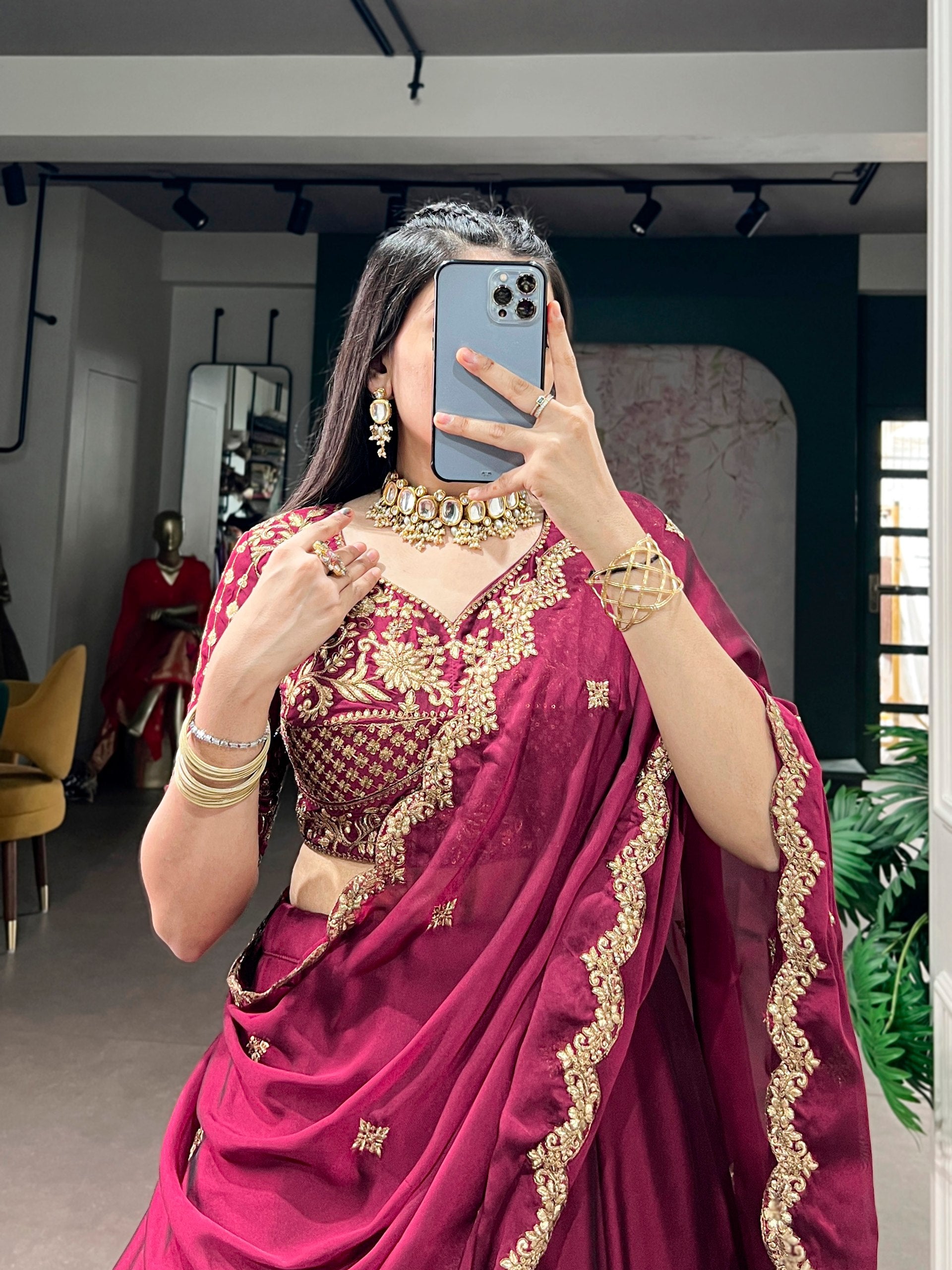 Womenline Deep Wine Embroidered Silk Lehenga with Scalloped Drape
