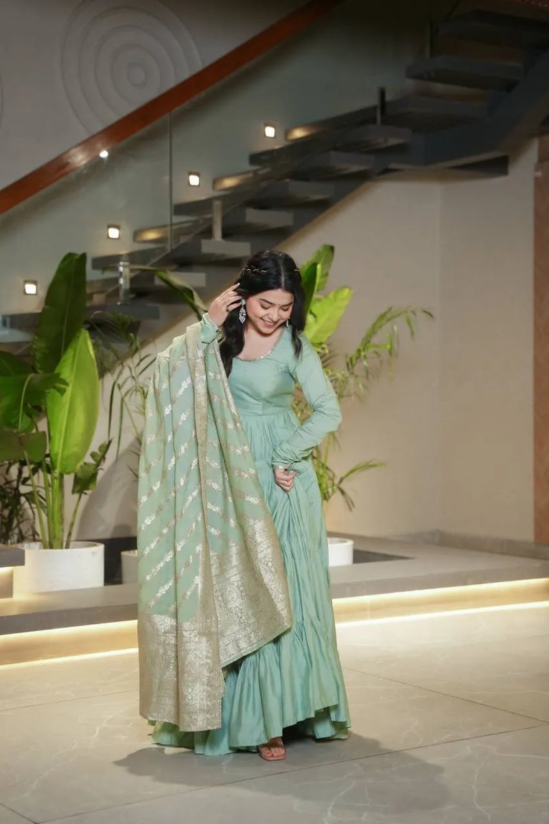 Womenline Pista Color Pure Chanderi Silk Frill Style Anarkali Suit