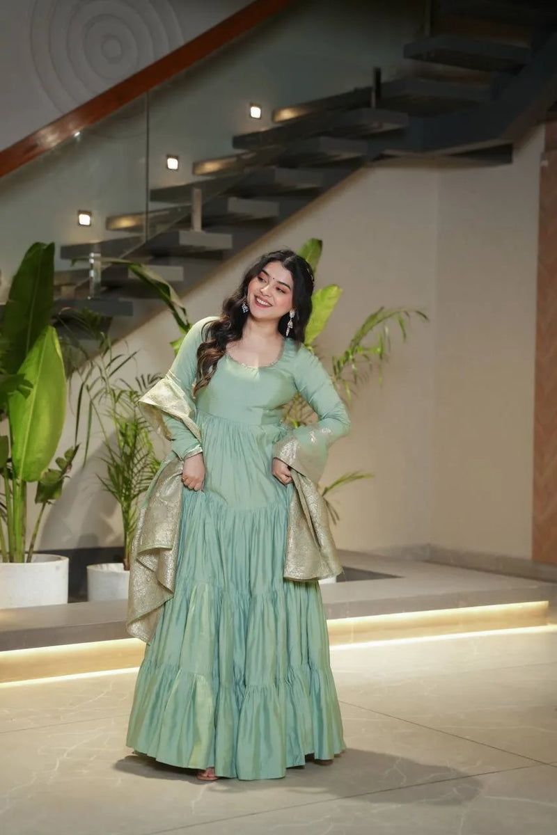 Womenline Pista Color Pure Chanderi Silk Frill Style Anarkali Suit