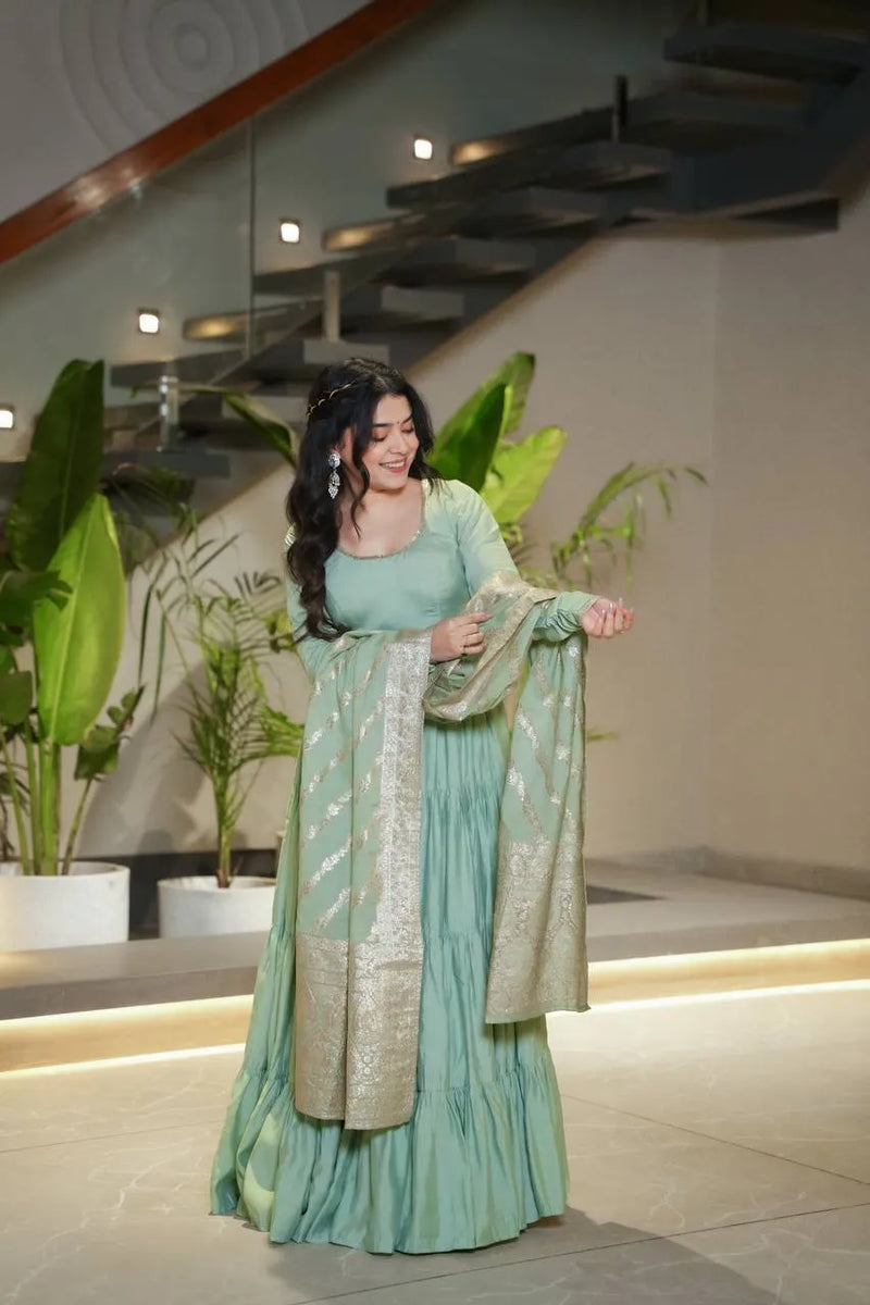 Womenline Pista Color Pure Chanderi Silk Frill Style Anarkali Suit