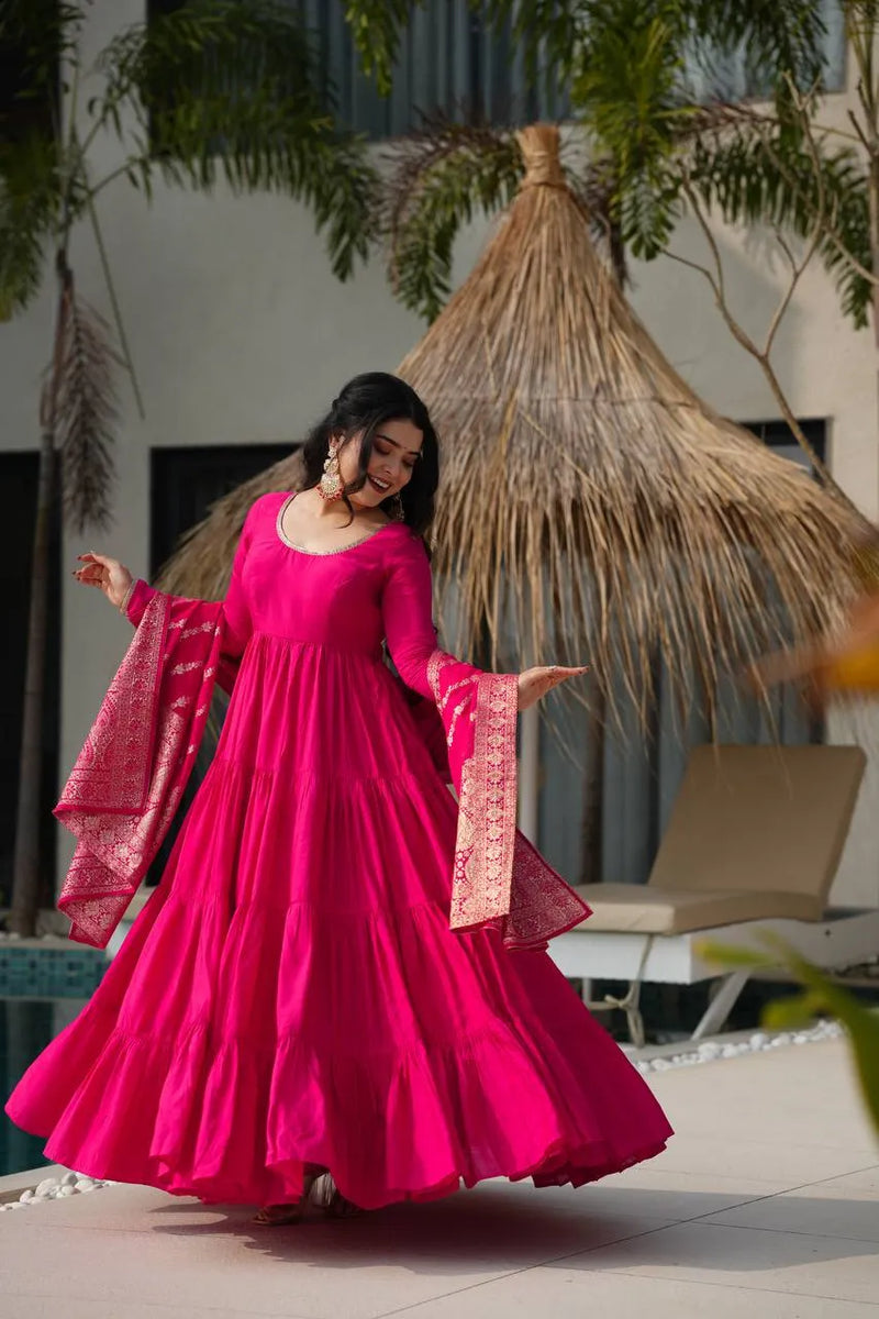 Womenline Rani Pink Color Pure Chanderi Silk Frill Style Anarkali Suit