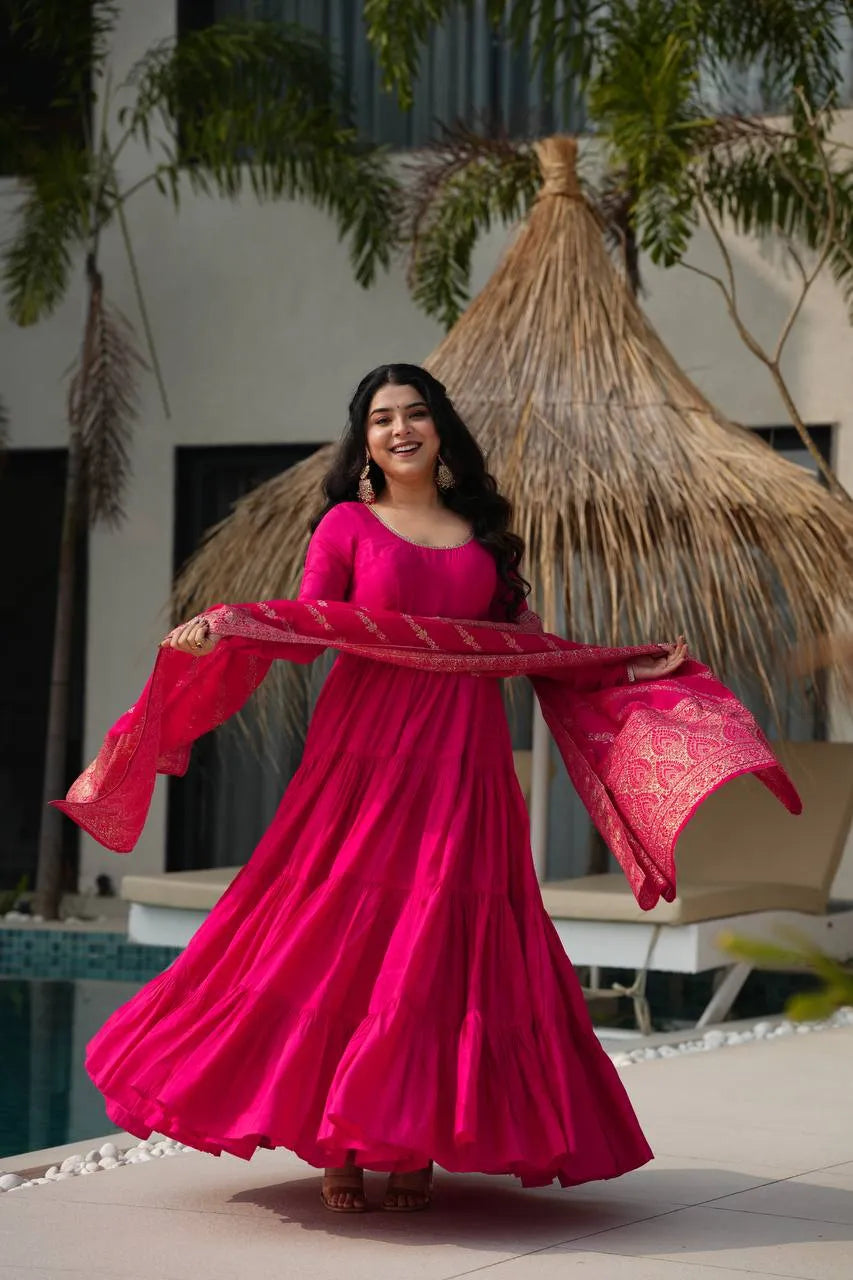 Womenline Rani Pink Color Pure Chanderi Silk Frill Style Anarkali Suit