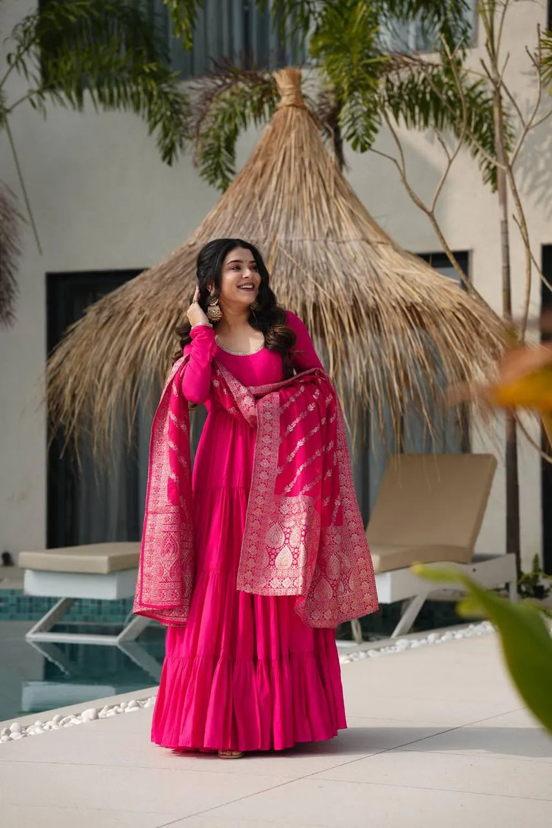 Womenline Rani Pink Color Pure Chanderi Silk Frill Style Anarkali Suit