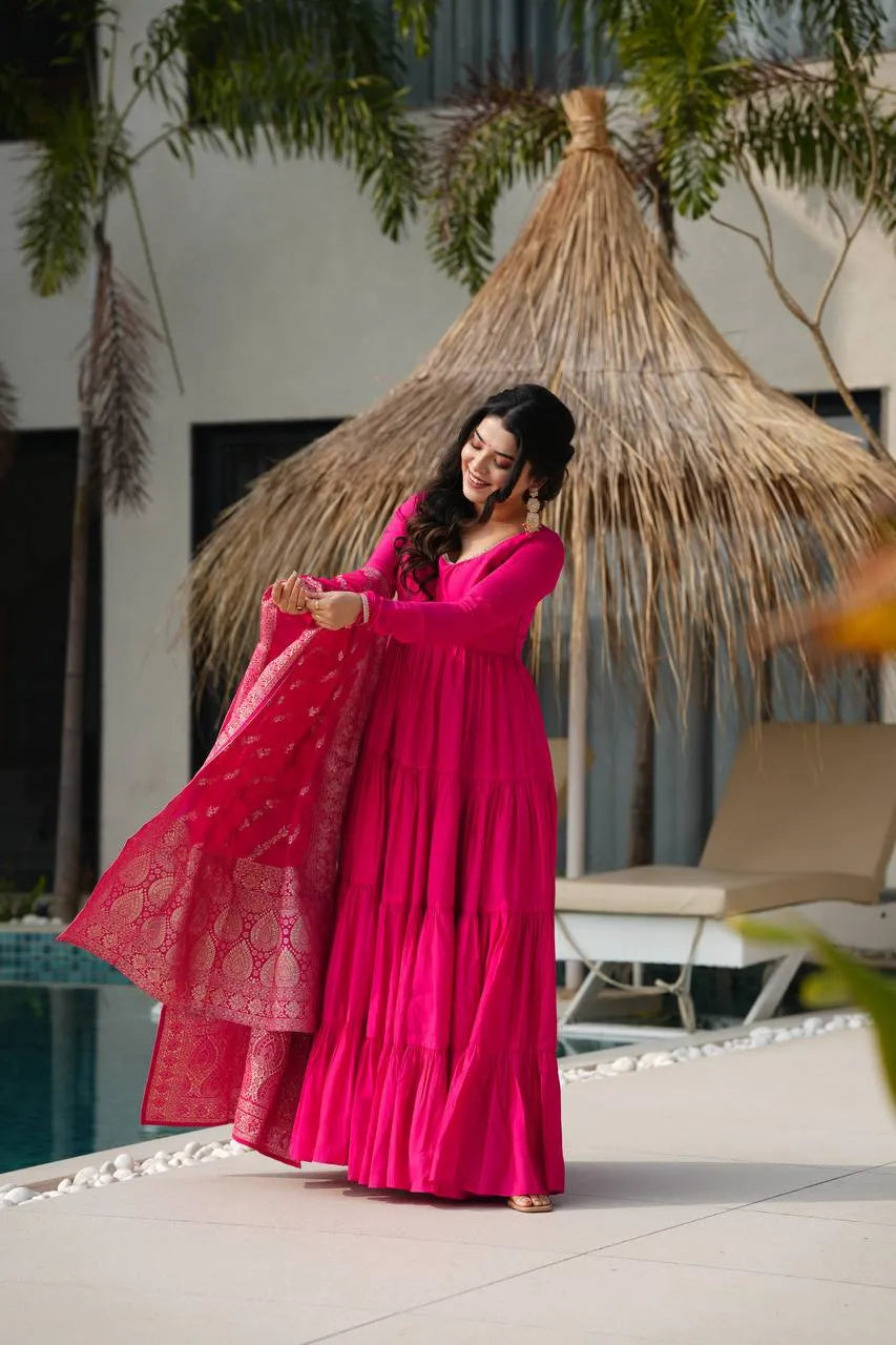 Womenline Rani Pink Color Pure Chanderi Silk Frill Style Anarkali Suit