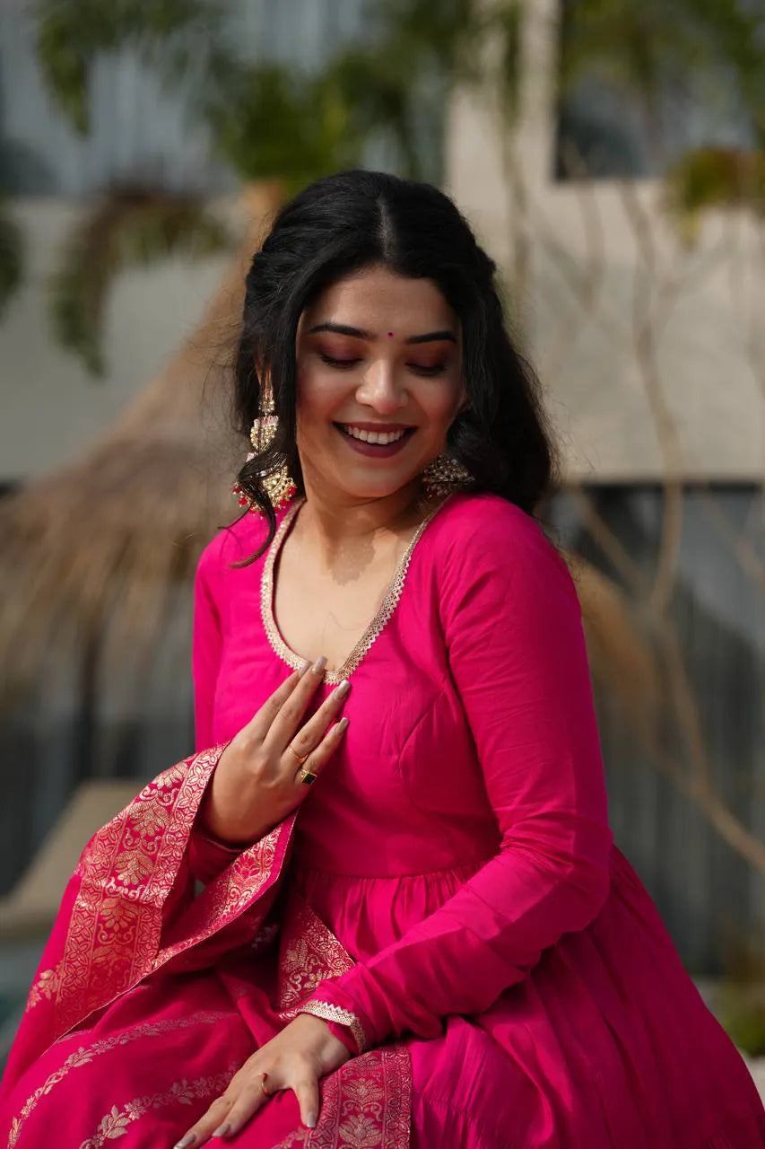 Womenline Rani Pink Color Pure Chanderi Silk Frill Style Anarkali Suit