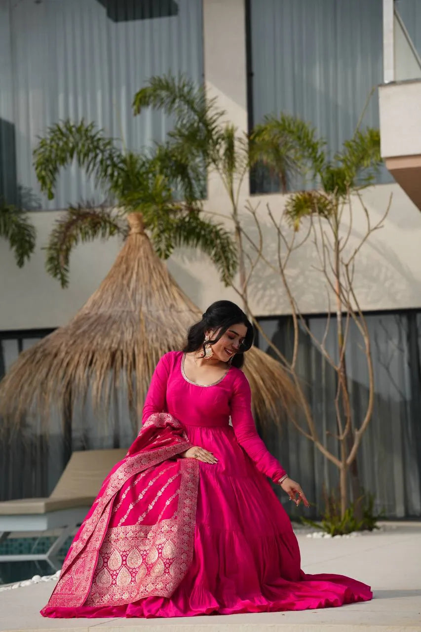 Womenline Rani Pink Color Pure Chanderi Silk Frill Style Anarkali Suit