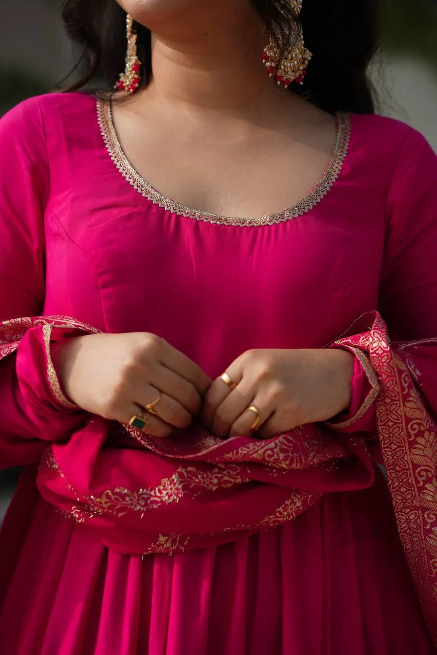 Womenline Rani Pink Color Pure Chanderi Silk Frill Style Anarkali Suit