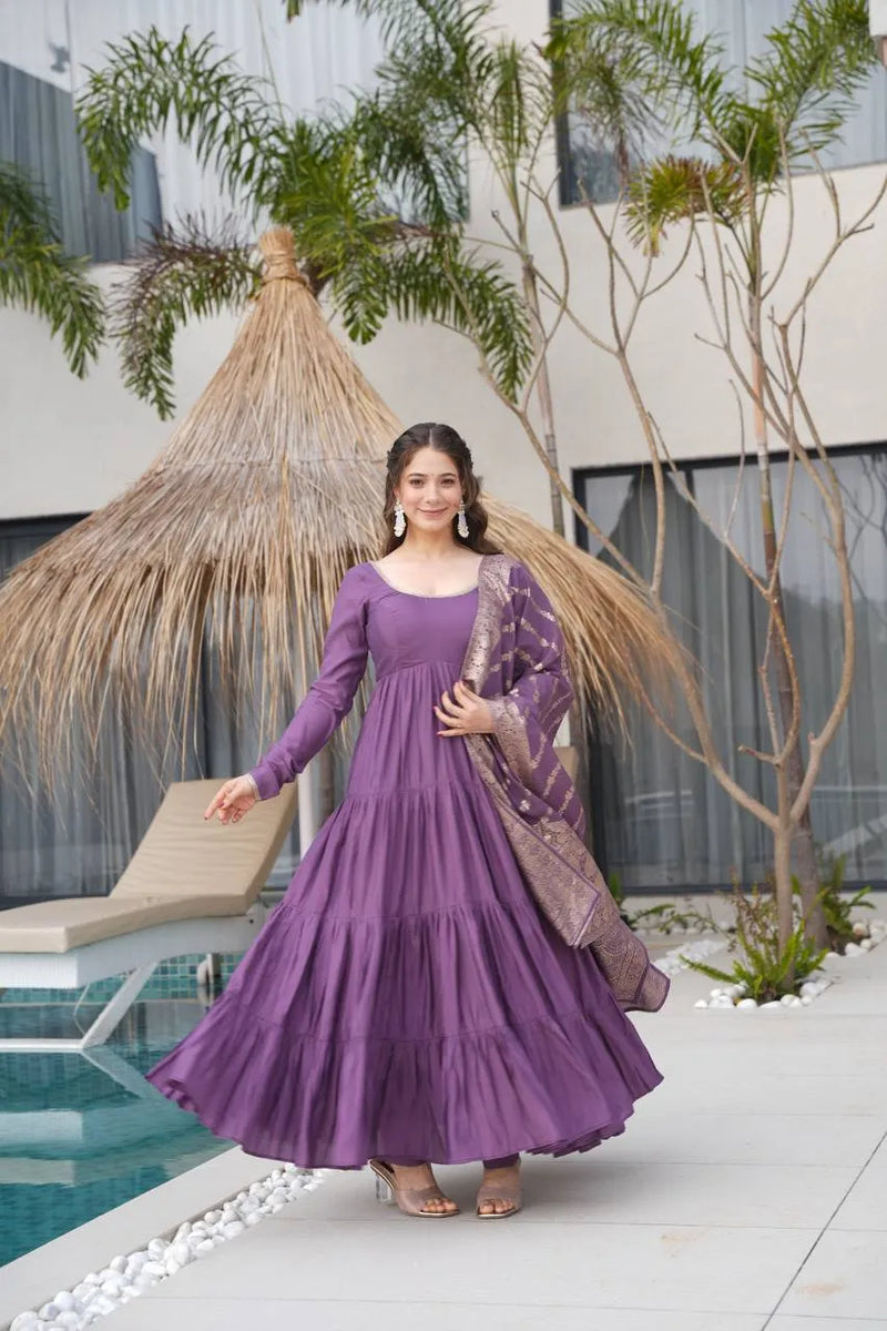 Womenline Dusty Purple Color Pure Chanderi Silk Frill Style Anarkali Suit