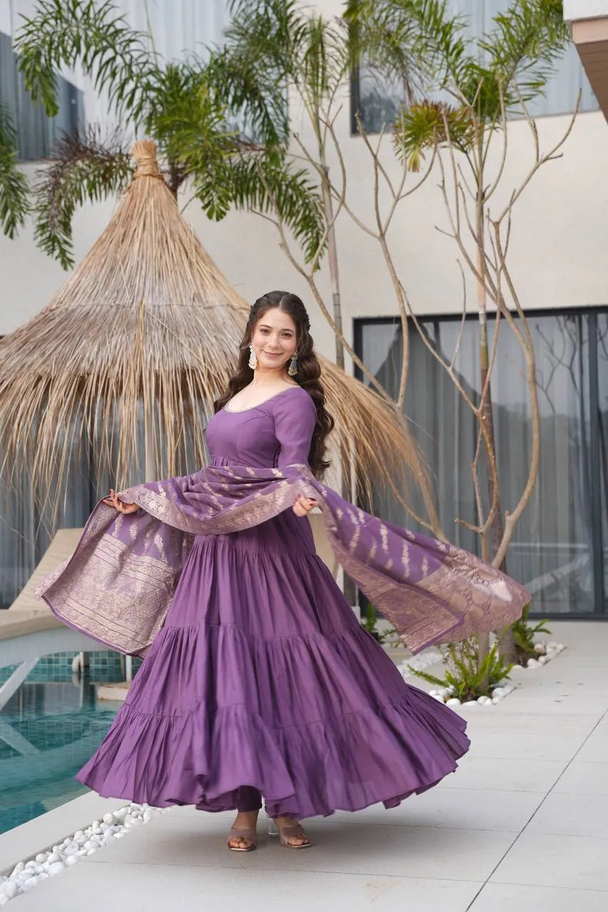 Womenline Dusty Purple Color Pure Roman Silk Ruffle Style Anarkali Suit