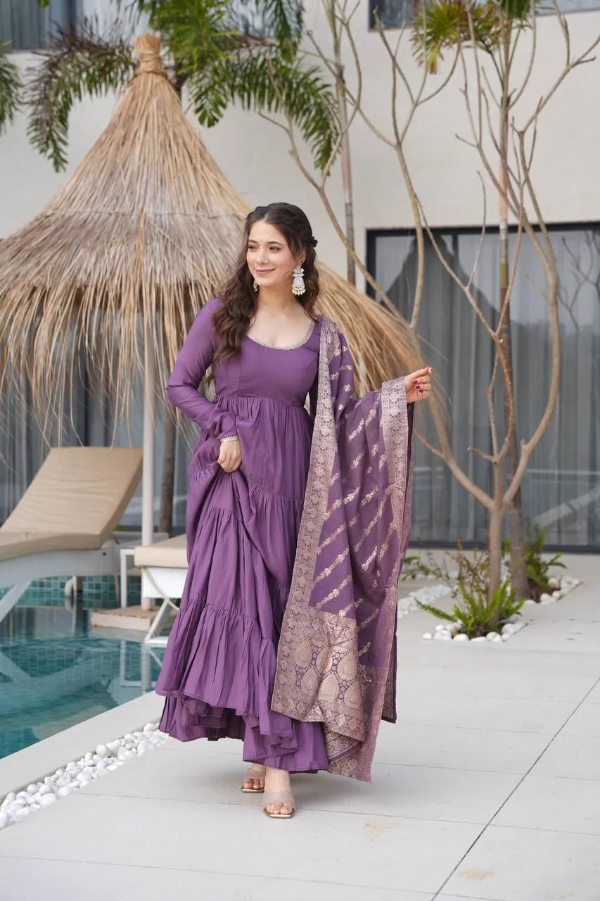 Womenline Dusty Purple Color Pure Roman Silk Ruffle Style Anarkali Suit