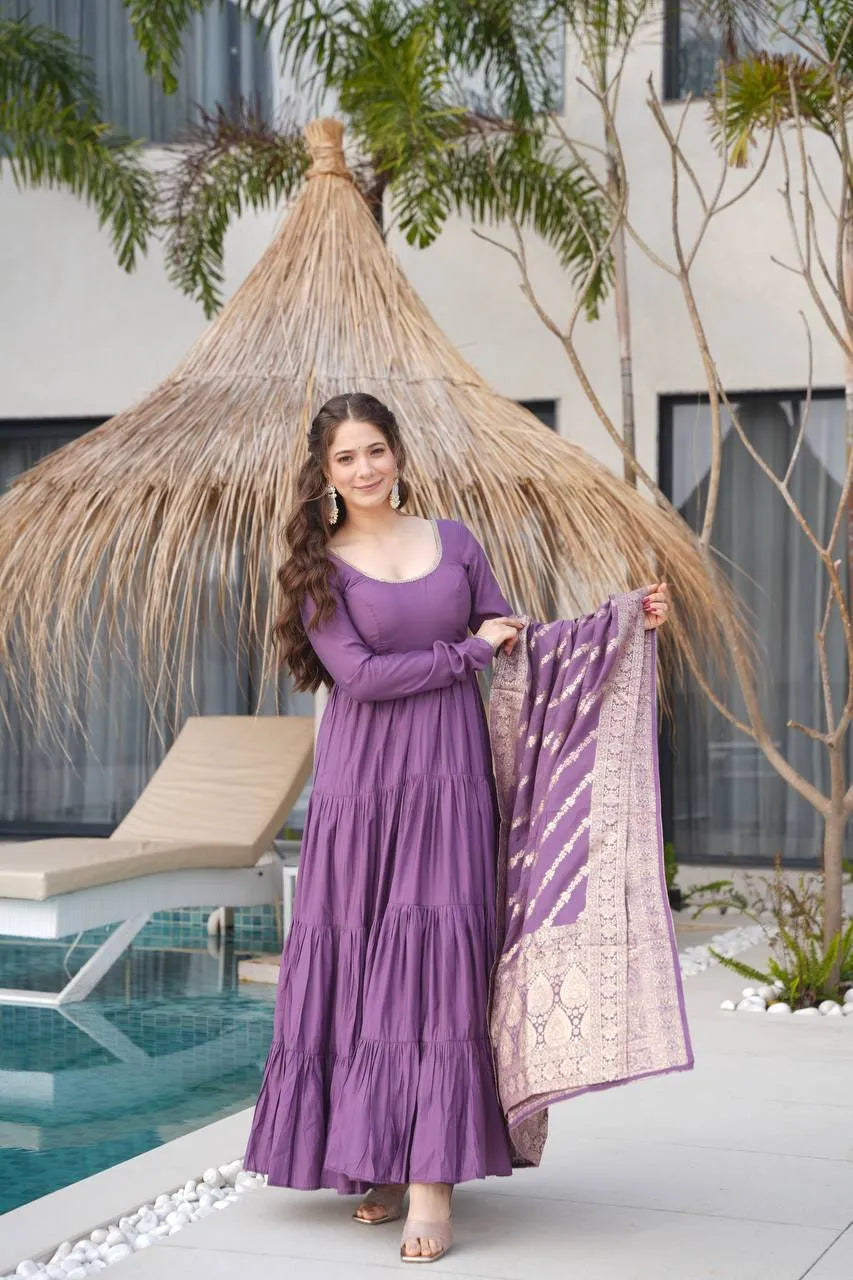 Womenline Dusty Purple Color Pure Roman Silk Ruffle Style Anarkali Suit