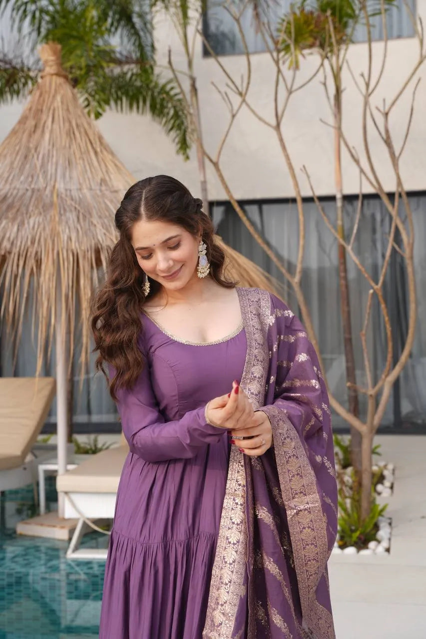 Womenline Dusty Purple Color Pure Roman Silk Ruffle Style Anarkali Suit