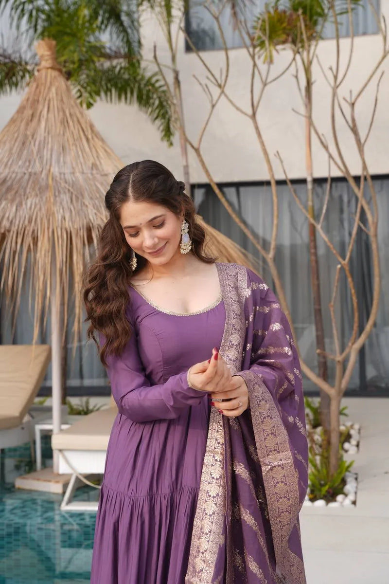 Womenline Dusty Purple Color Pure Chanderi Silk Frill Style Anarkali Suit