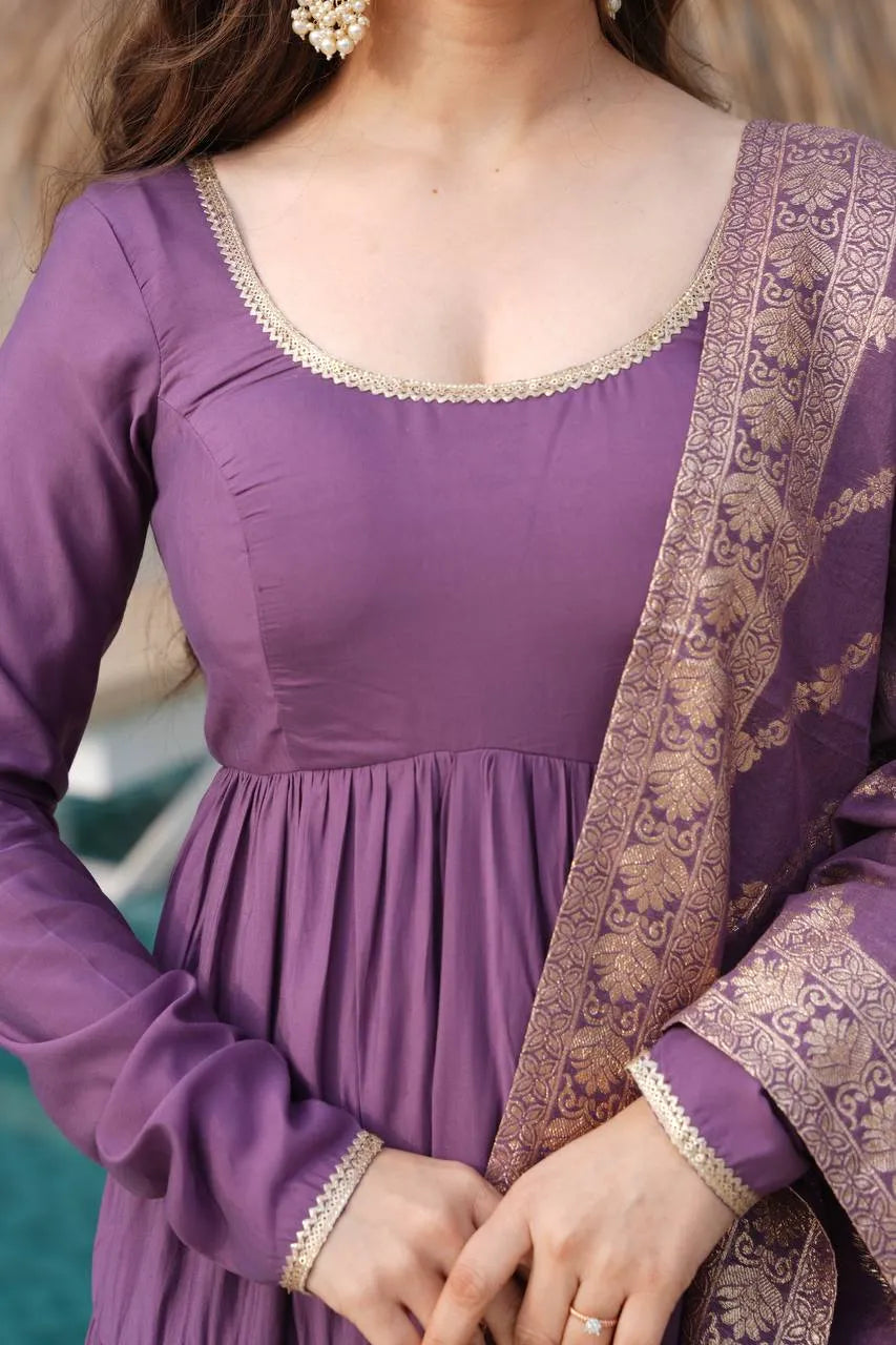 Womenline Dusty Purple Color Pure Roman Silk Ruffle Style Anarkali Suit