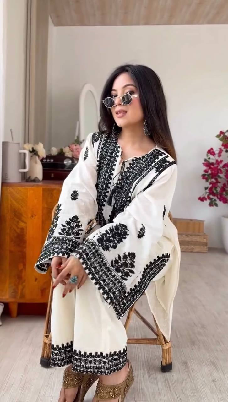 Womenline Elegant Ivory and Black Embroidered Kurta Set