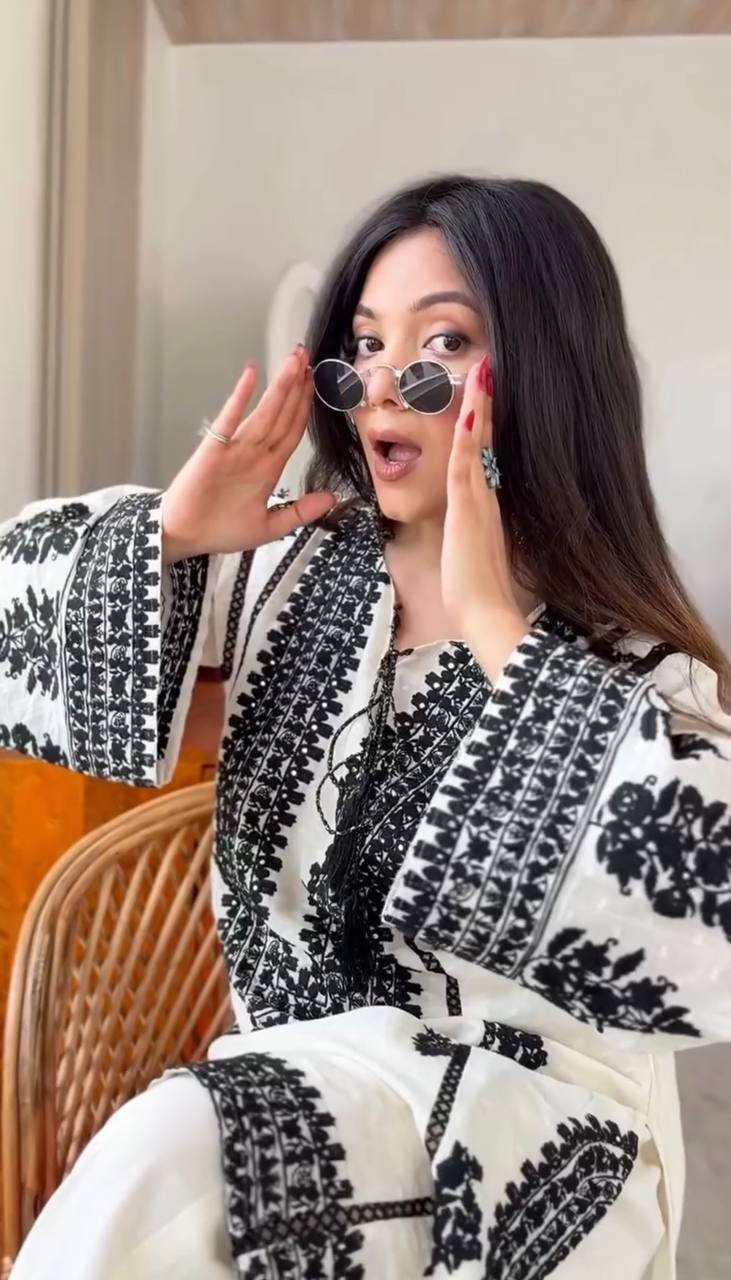 Womenline Elegant Ivory and Black Embroidered Kurta Set