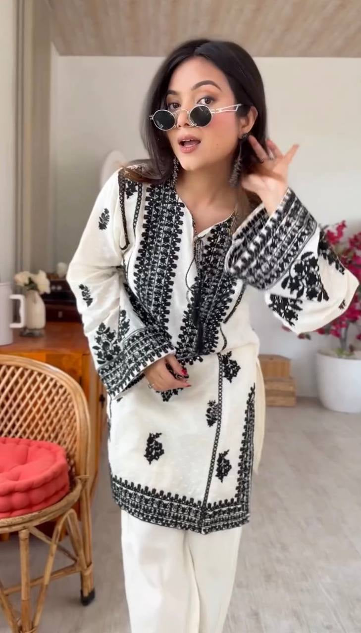 Womenline Elegant Ivory and Black Embroidered Kurta Set