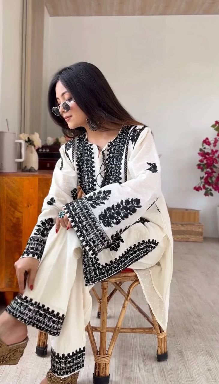 Womenline Elegant Ivory and Black Embroidered Kurta Set