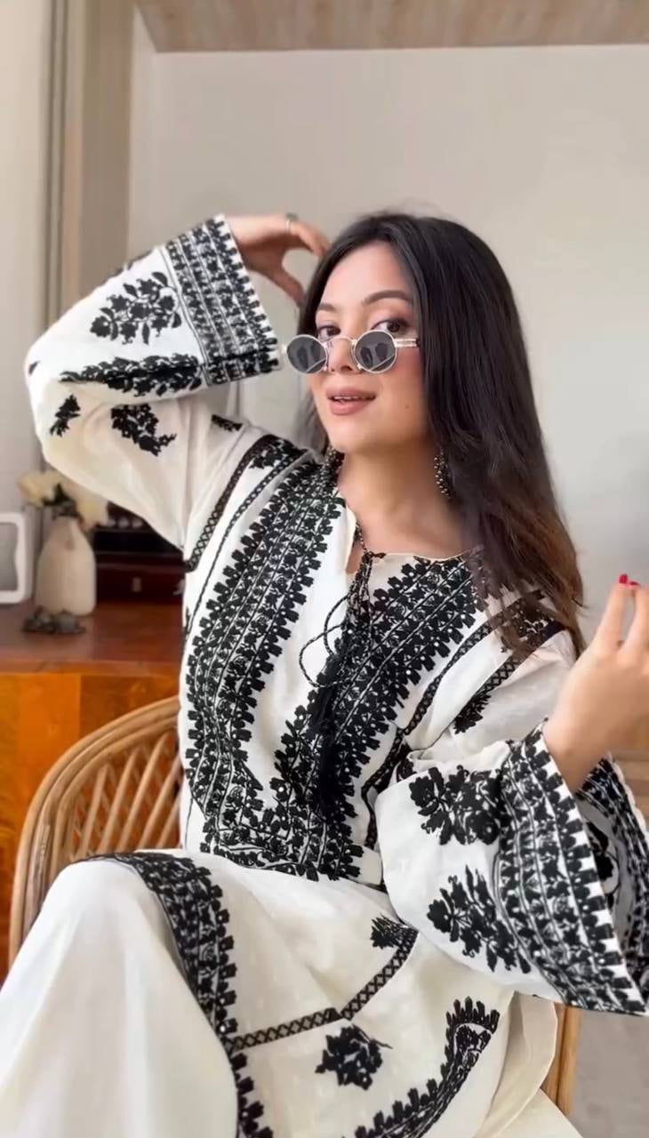 Womenline Elegant Ivory and Black Embroidered Kurta Set
