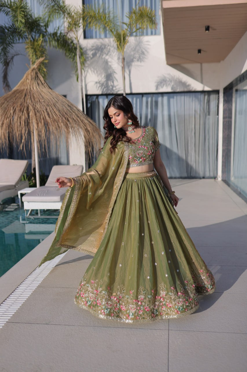 Womenline Olive Green Floral Embroidered Lehenga Set with Dupatta
