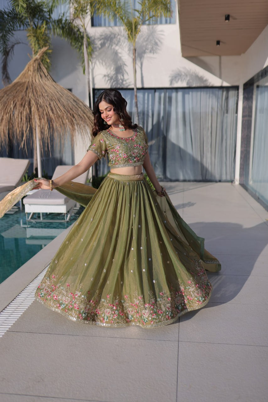 Womenline Olive Green Floral Embroidered Lehenga Set with Dupatta