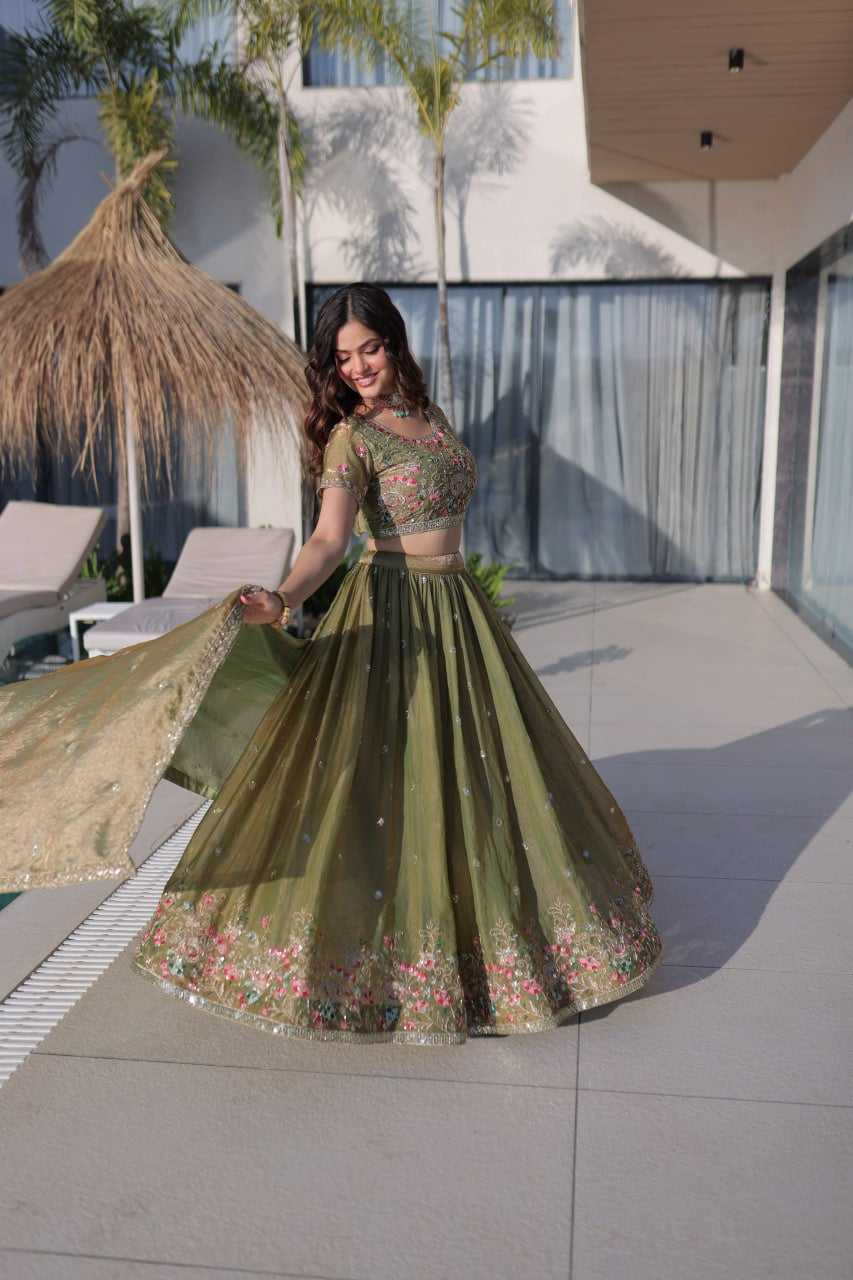 Womenline Olive Green Floral Embroidered Lehenga Set with Dupatta