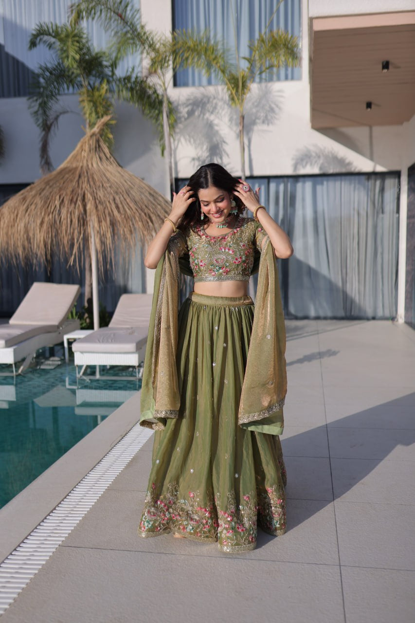 Womenline Olive Green Floral Embroidered Lehenga Set with Dupatta