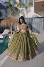 Womenline Olive Green Floral Embroidered Lehenga Set with Dupatta